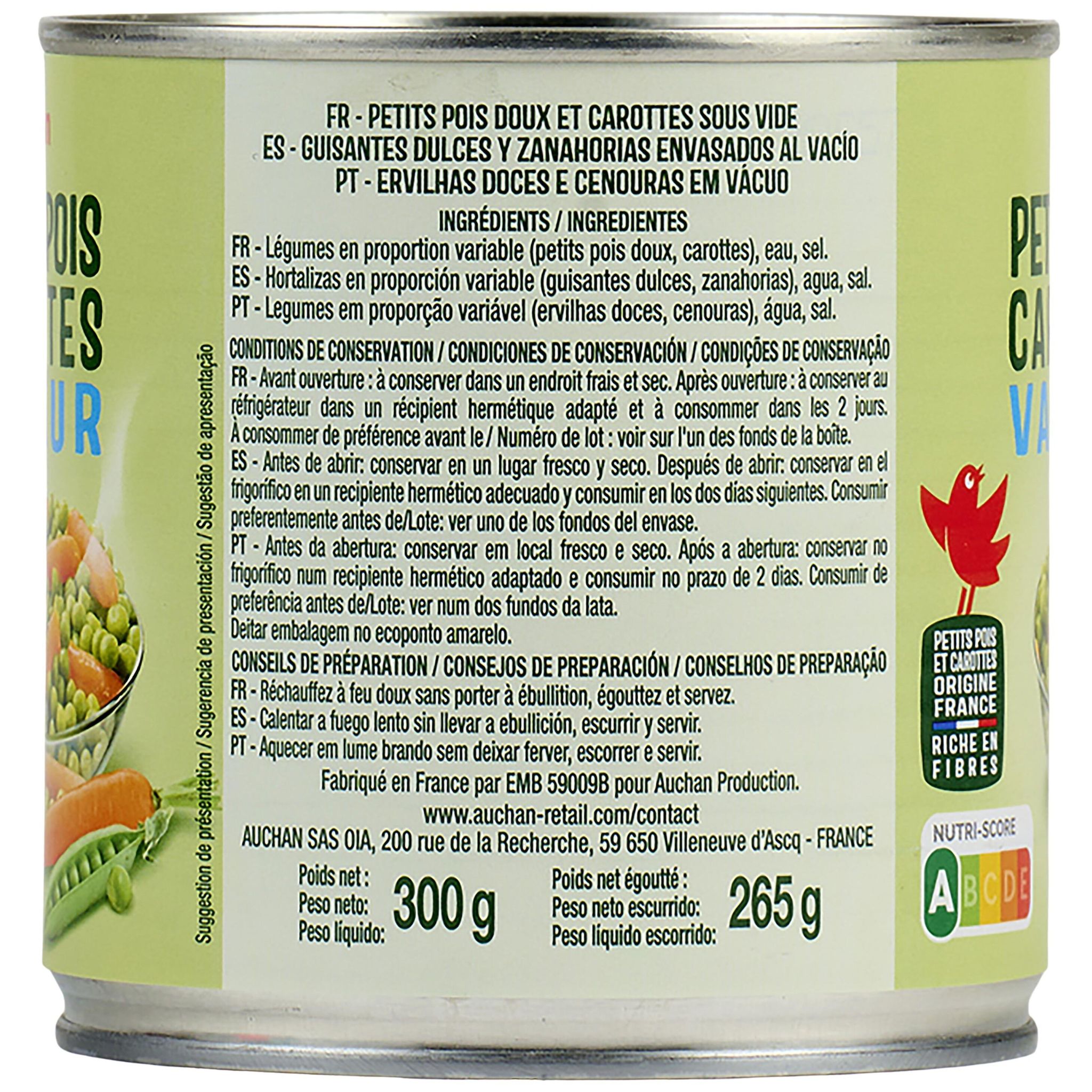 Voir la diapositive 4 : AUCHAN Petits pois carottes vapeur 265g