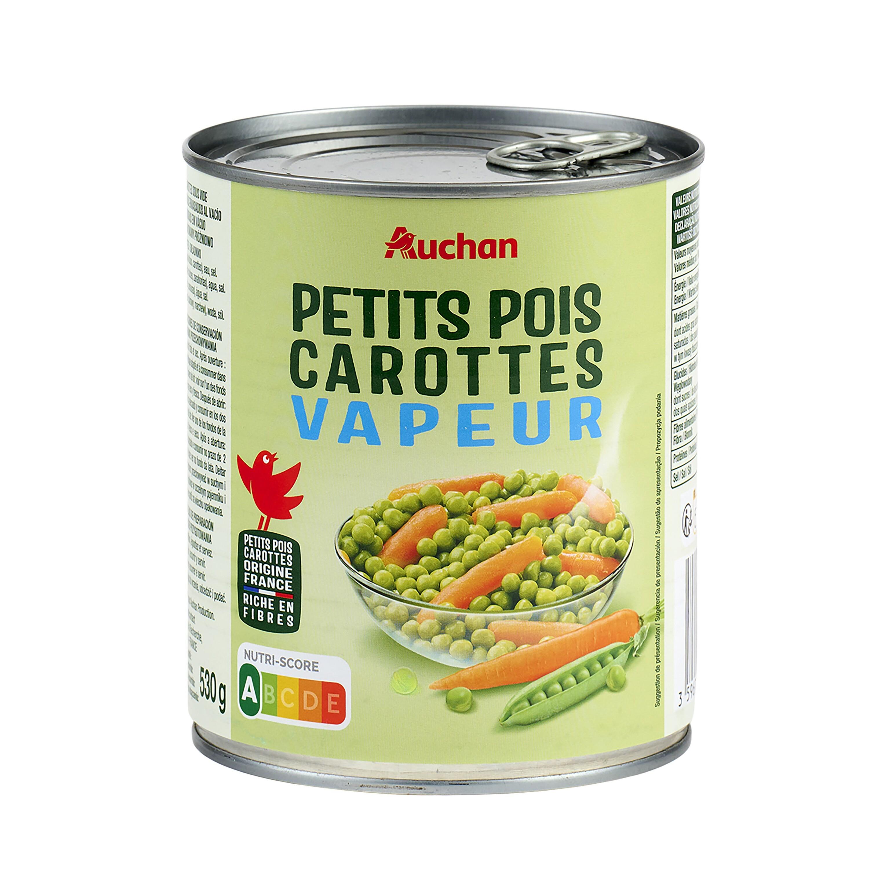 Voir la diapositive 2 : AUCHAN Petits pois carottes vapeur 530g