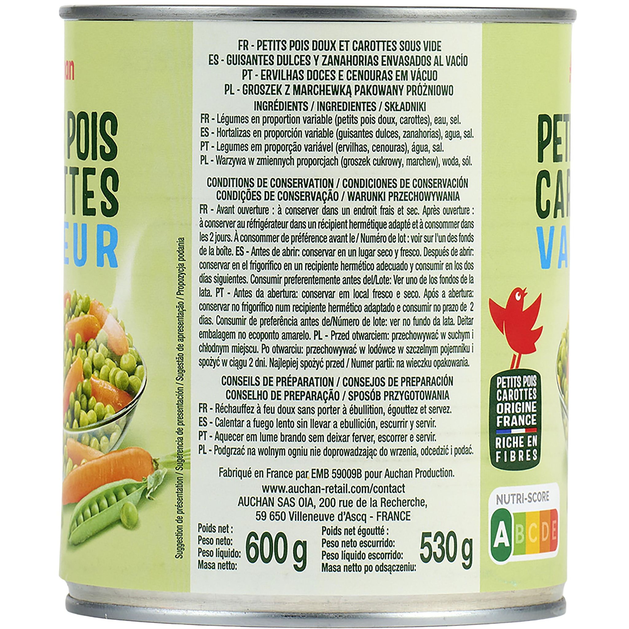 Voir la diapositive 2 : AUCHAN Petits pois carottes vapeur 530g