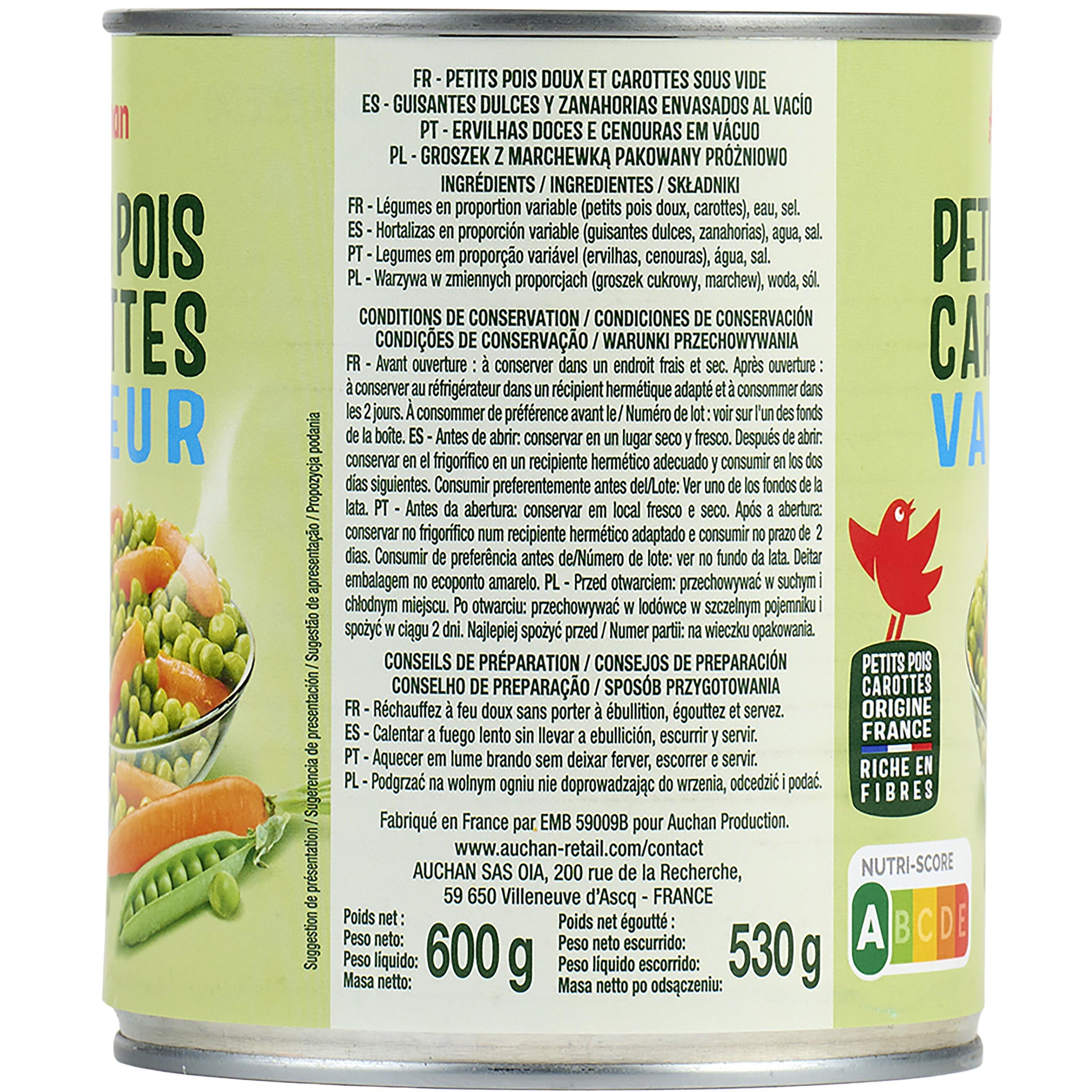 Voir la diapositive 3 : AUCHAN Petits pois carottes vapeur 530g