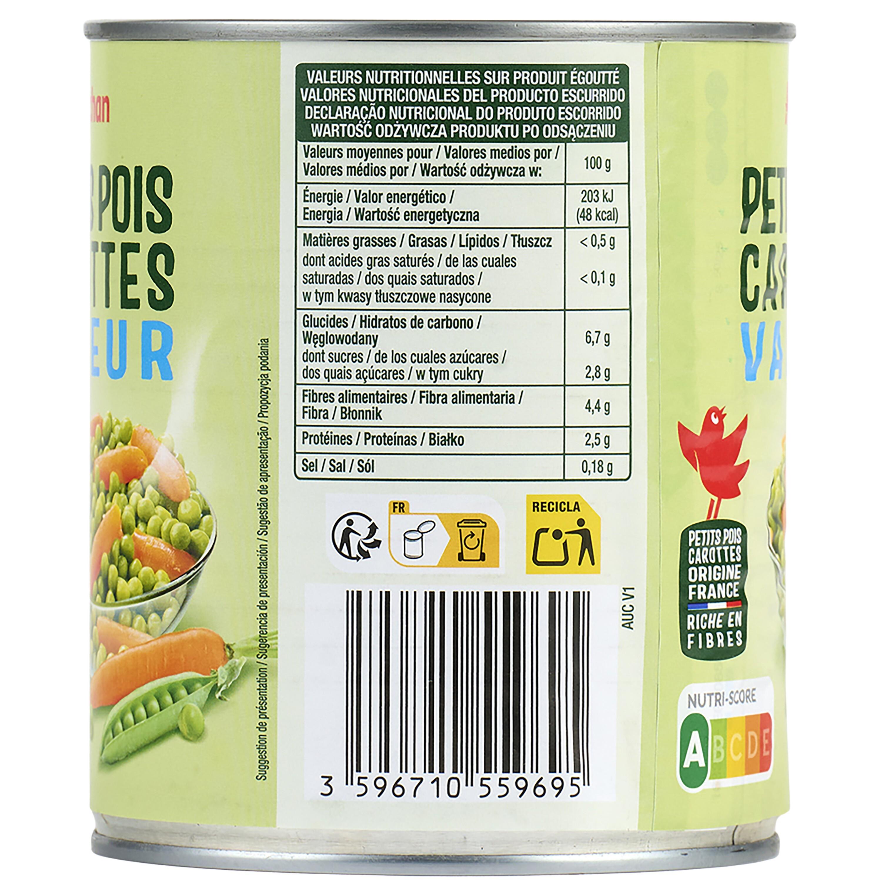 Voir la diapositive 4 : AUCHAN Petits pois carottes vapeur 530g