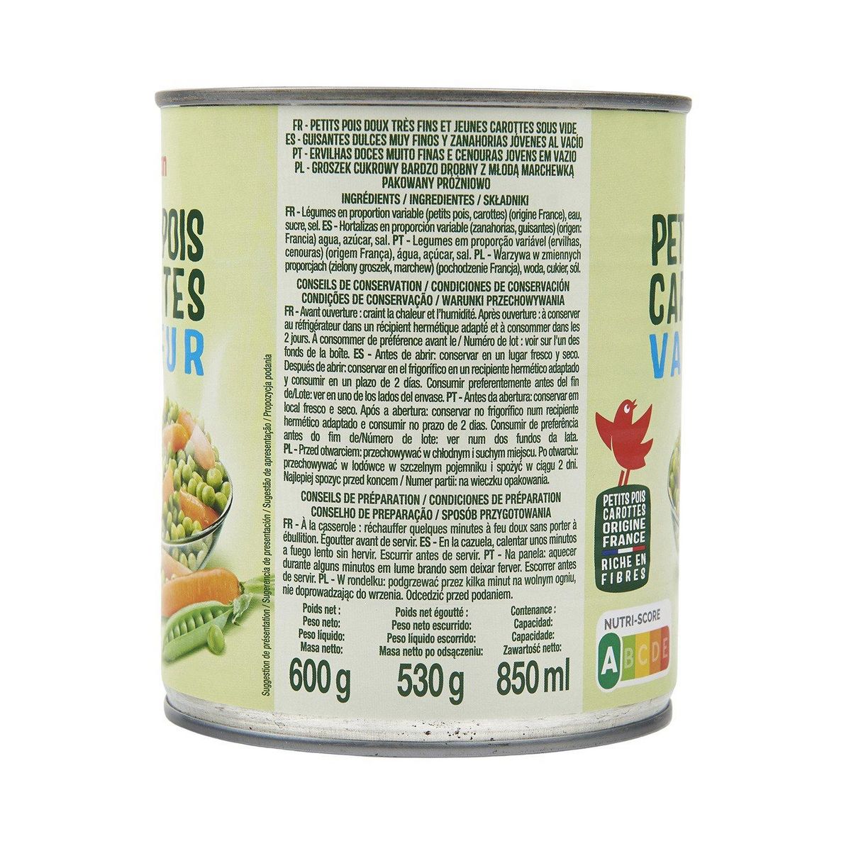 AUCHAN Petits pois carottes vapeur 530g