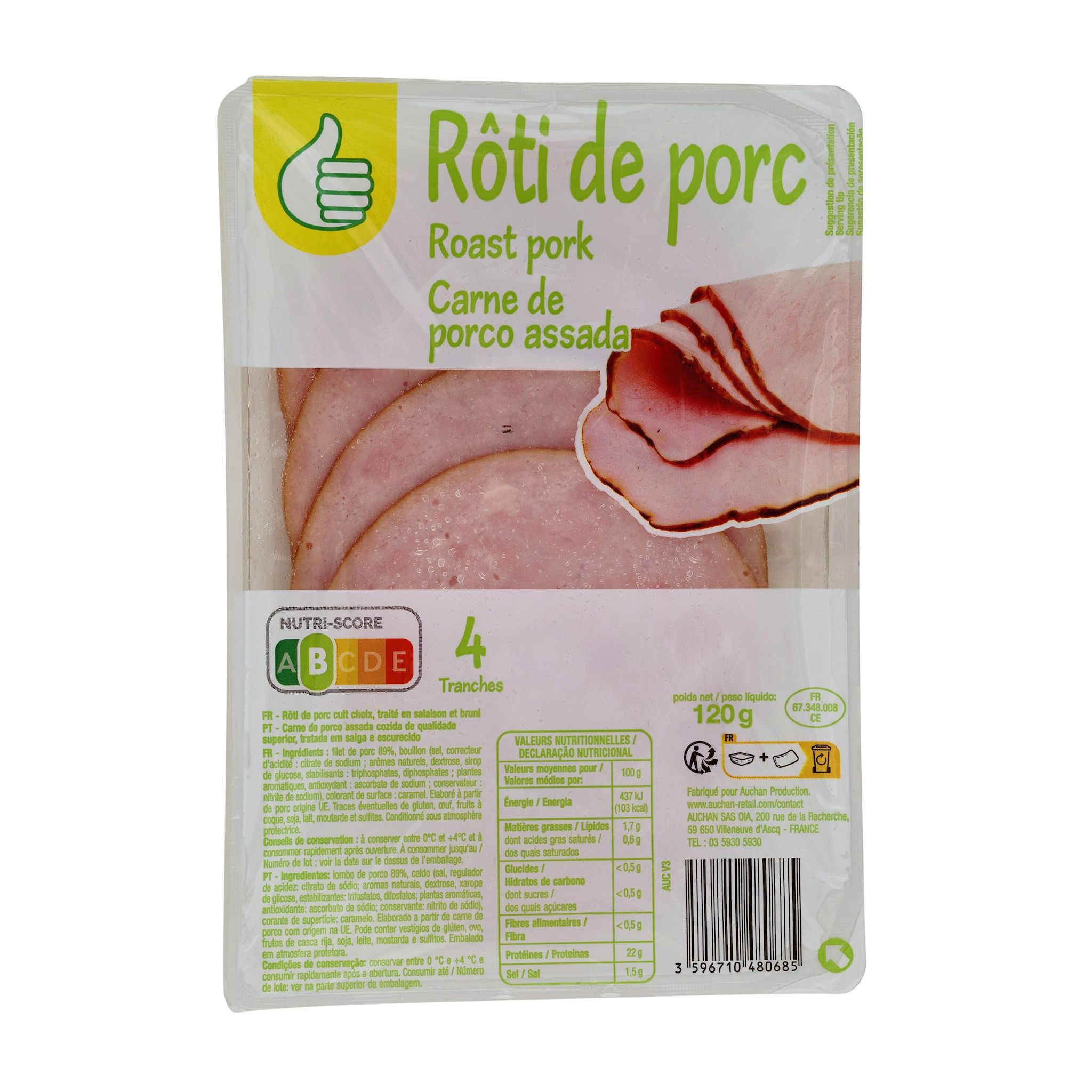 Voir la diapositive 2 : POUCE Rôti de porc cuit 4 tranches 120g