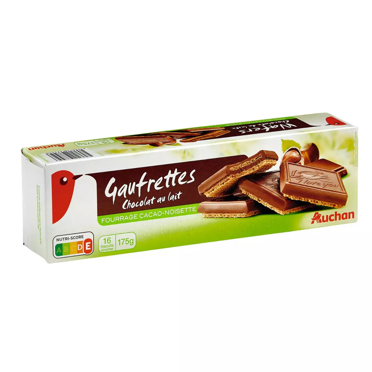 AUCHAN Gaufrettes chocolat au lait fourrage cacao noisette 16 biscuits 175g