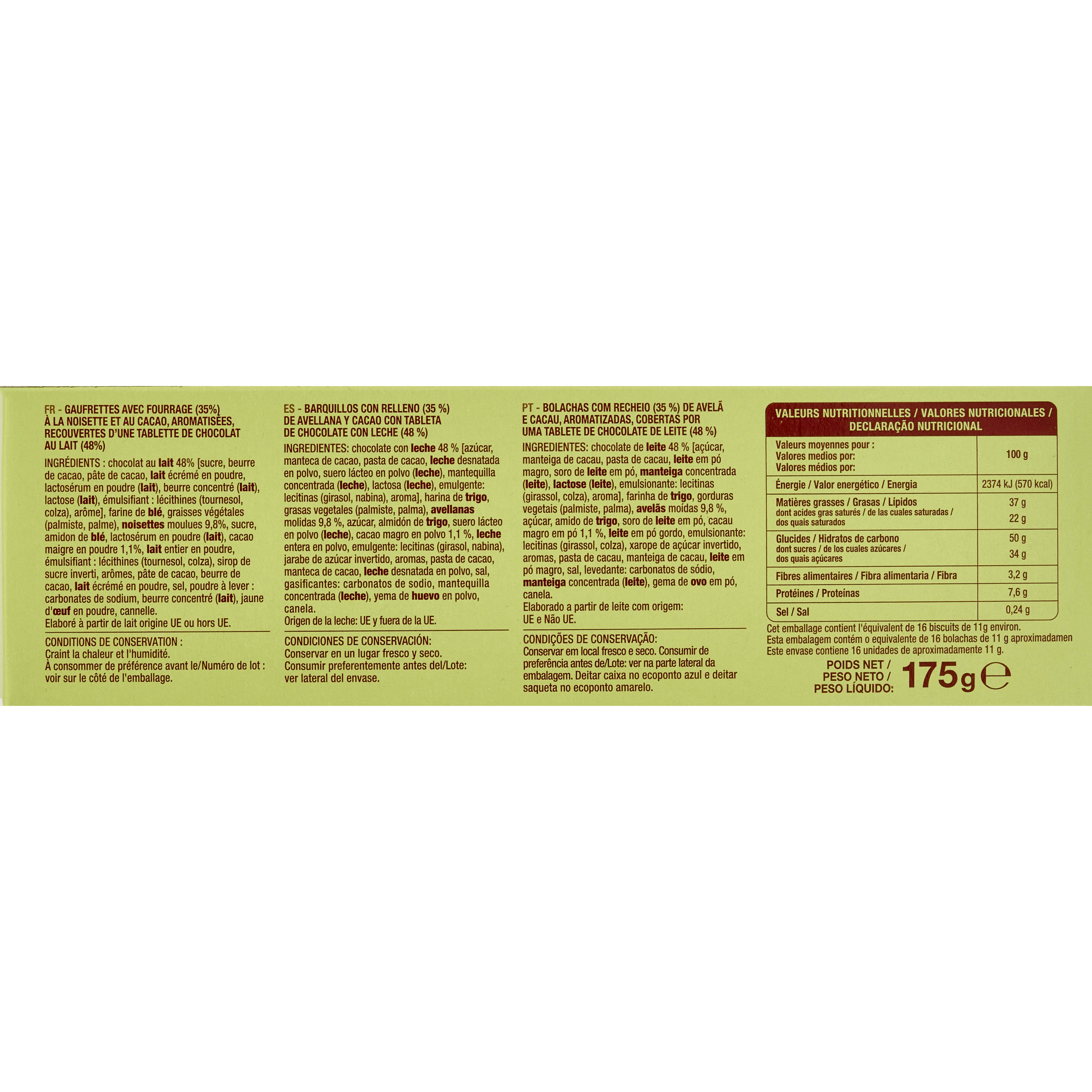 Voir la diapositive 2 : AUCHAN Gaufrettes chocolat au lait fourrage cacao noisette 16 biscuits 175g
