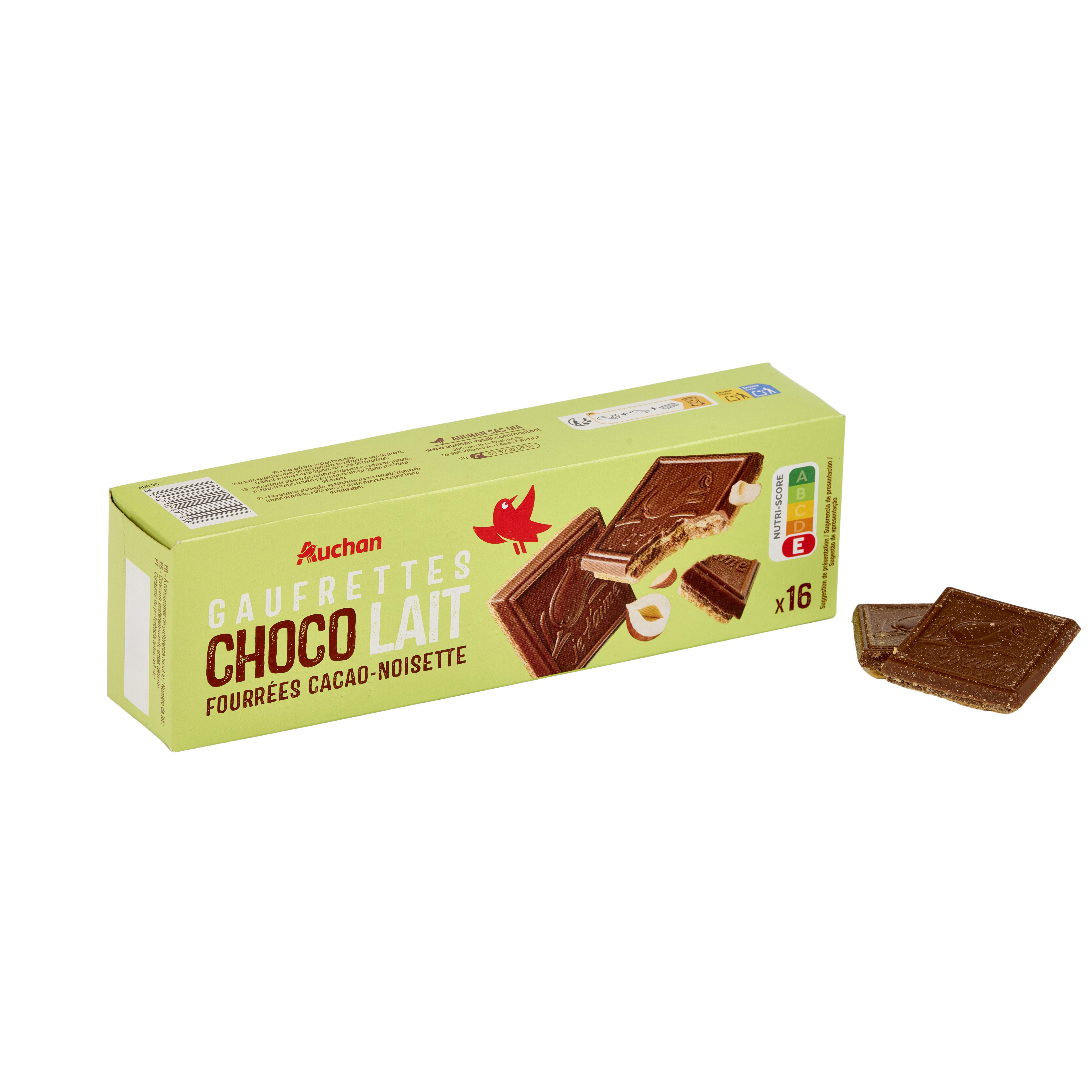 Voir la diapositive 3 : AUCHAN Gaufrettes chocolat au lait fourrage cacao noisette 16 biscuits 175g