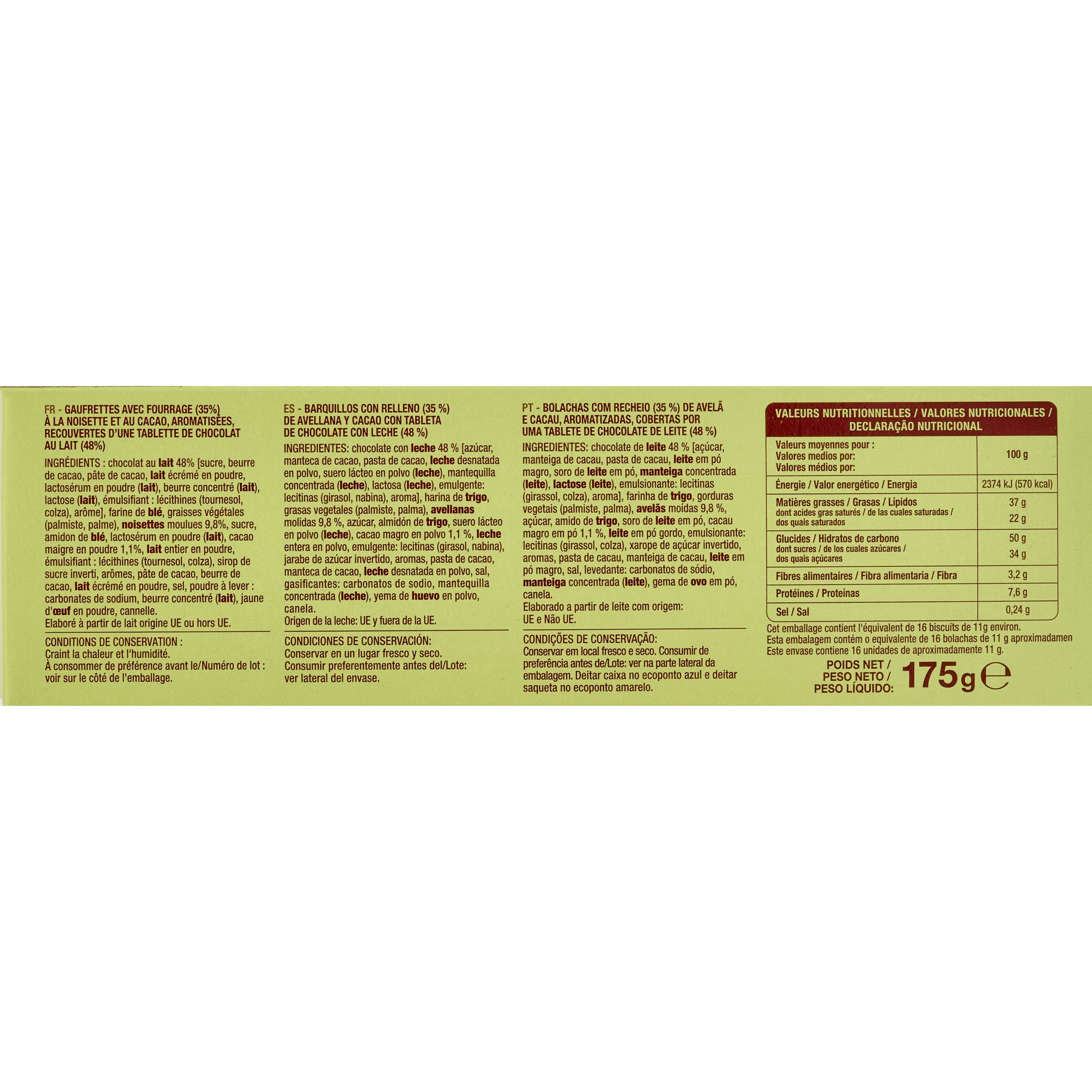Voir la diapositive 4 : AUCHAN Gaufrettes chocolat au lait fourrage cacao noisette 16 biscuits 175g