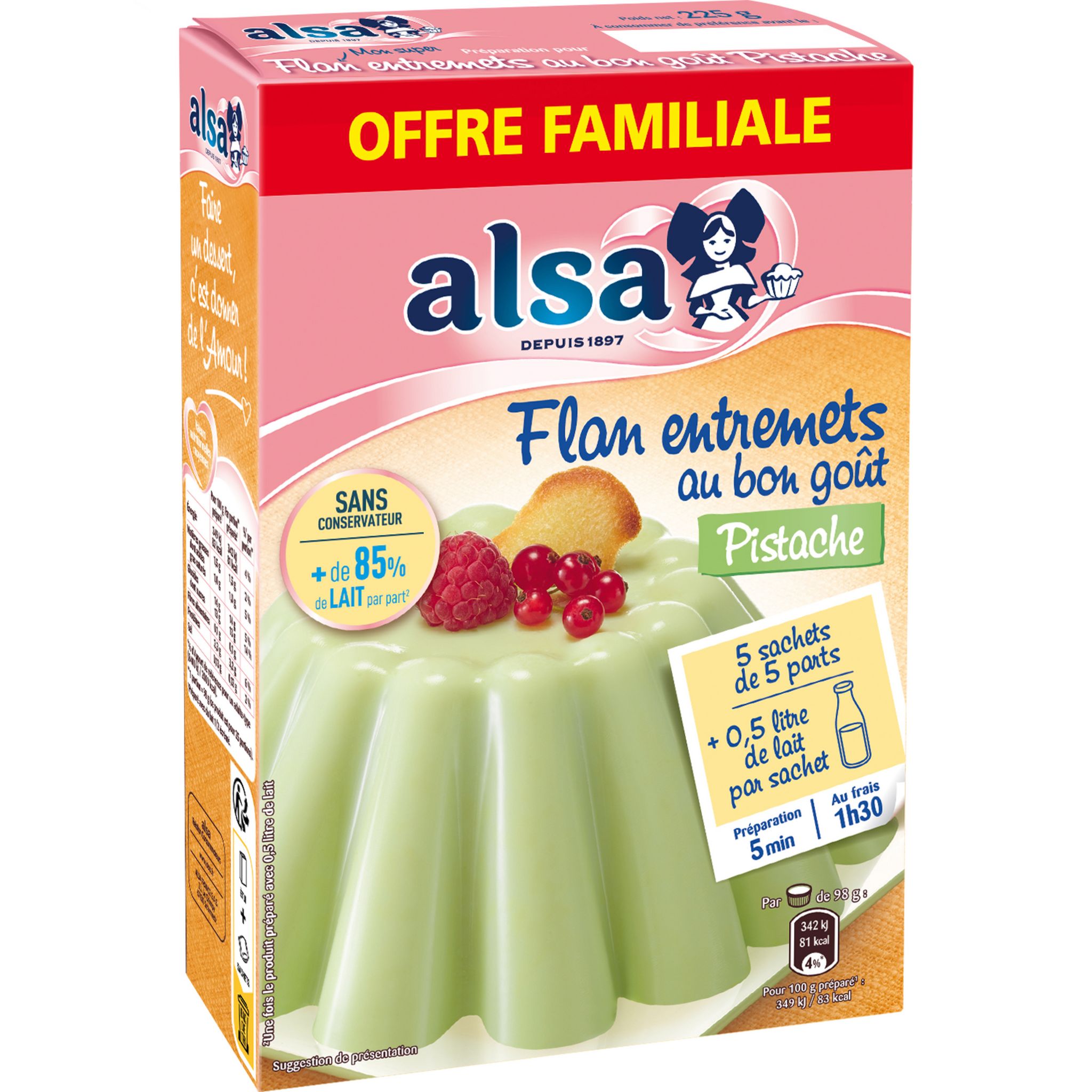 ALSA Préparation pour flan entremet à la pistache  5 sachets de 5 parts  225g
