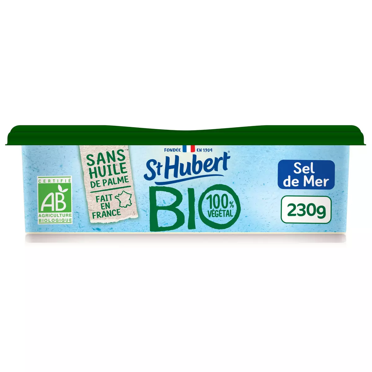 ST HUBERT St Hubert BIO® est fabriqué en France, à partir de matières premières agricoles biologiques d'origine végétale. Sa recette est sans huile de palme et convient aux végétariens et aux végétaliens. De plus, l’emballage, composé de 70% de carton, est recyclable.  230g