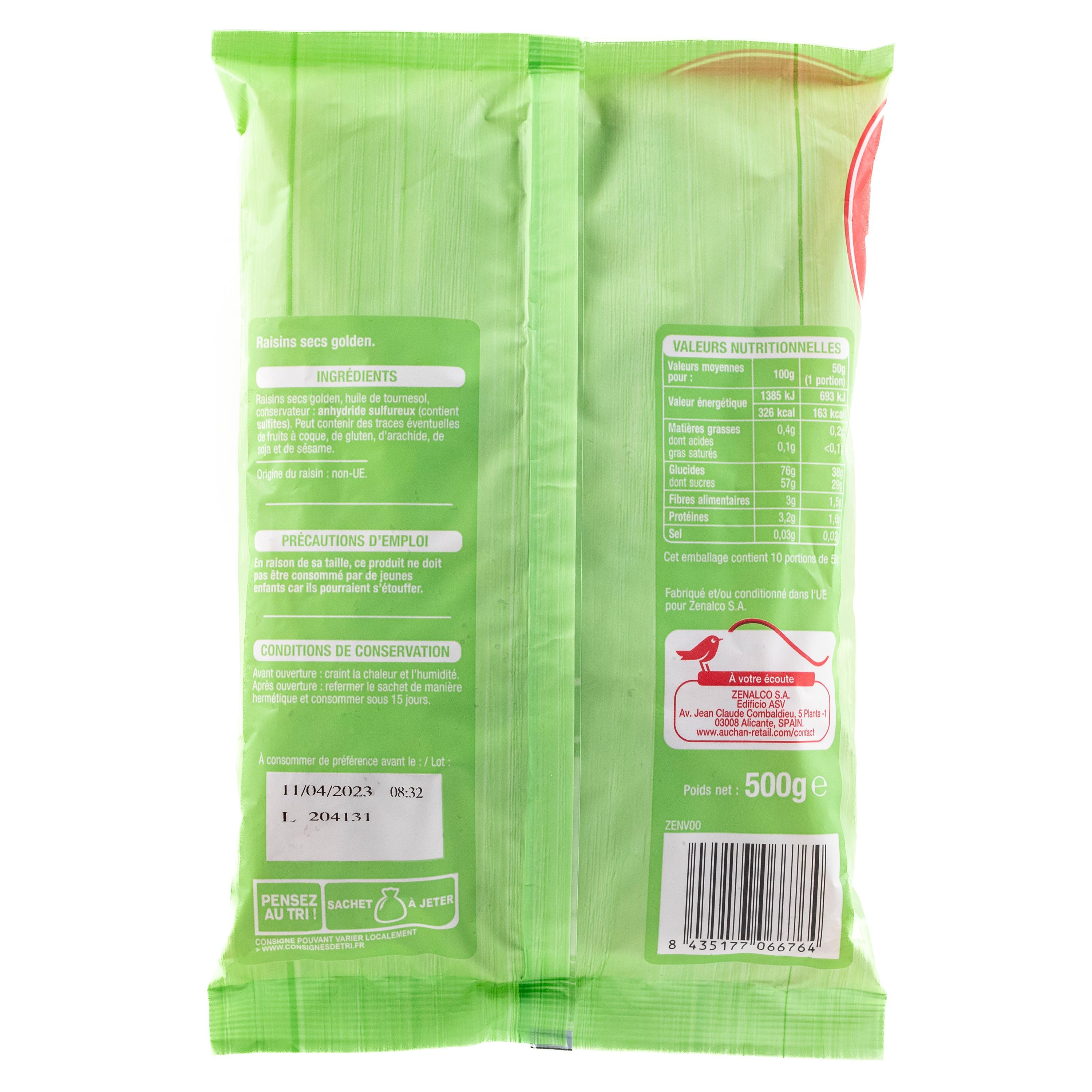 Voir la diapositive 2 : AUCHAN Raisins secs golden 500g