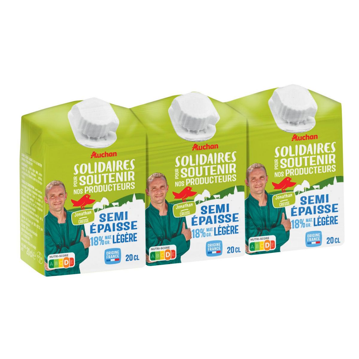 AUCHAN SOLIDAIRES CULTIVONS LE BON Crème semi épaisse légère 18% MG UHT  3x20cl