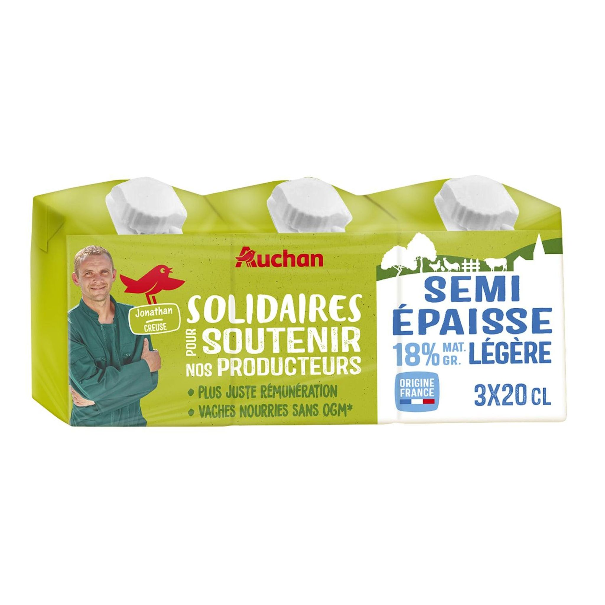 Voir la diapositive 5 : AUCHAN SOLIDAIRES CULTIVONS LE BON Crème semi épaisse légère 18% MG UHT 3x20cl