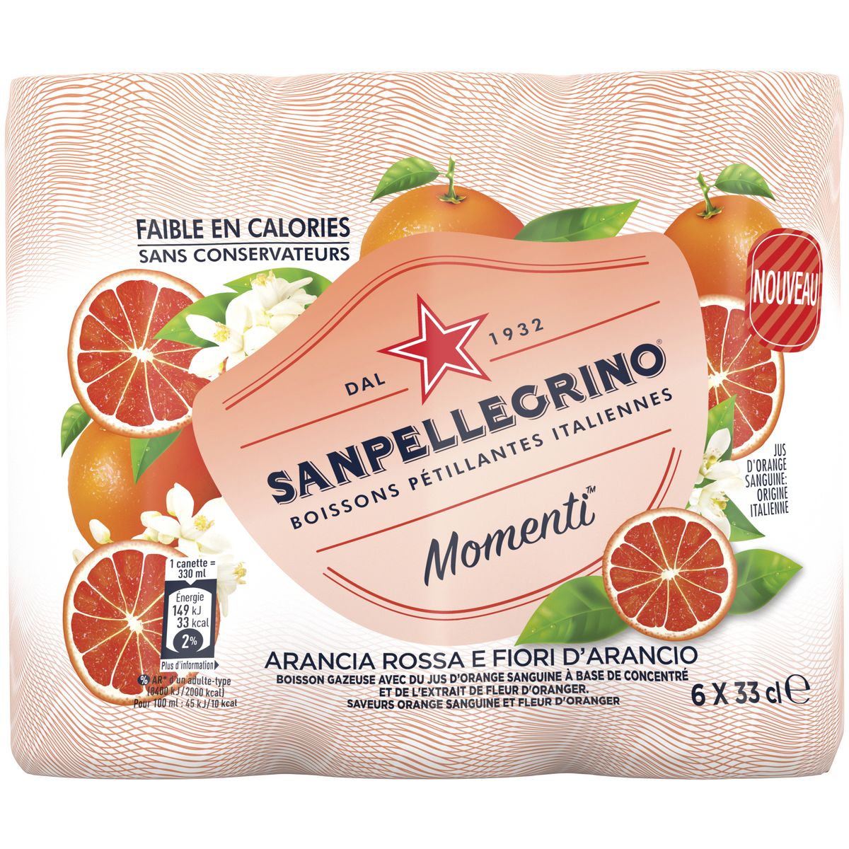 SAN PELLEGRINO Eau gazeuse aromatisé orange sanguine et fleur d'oranger boîte 6x33cl