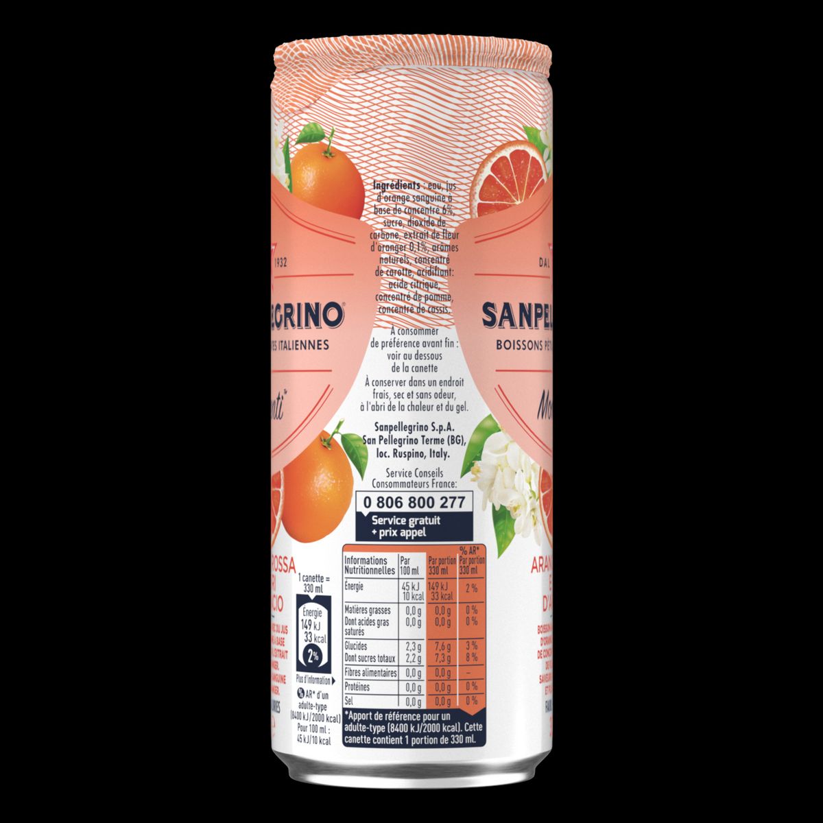 SAN PELLEGRINO Eau gazeuse aromatisé orange sanguine et fleur d'oranger boîte 6x33cl