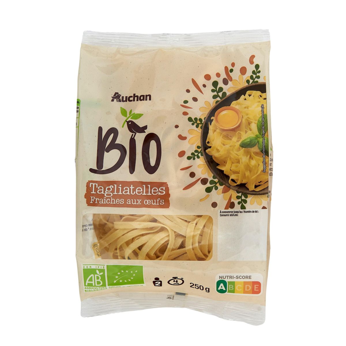 AUCHAN BIO Tagliatelles fraîches aux oeufs 2 parts 250g