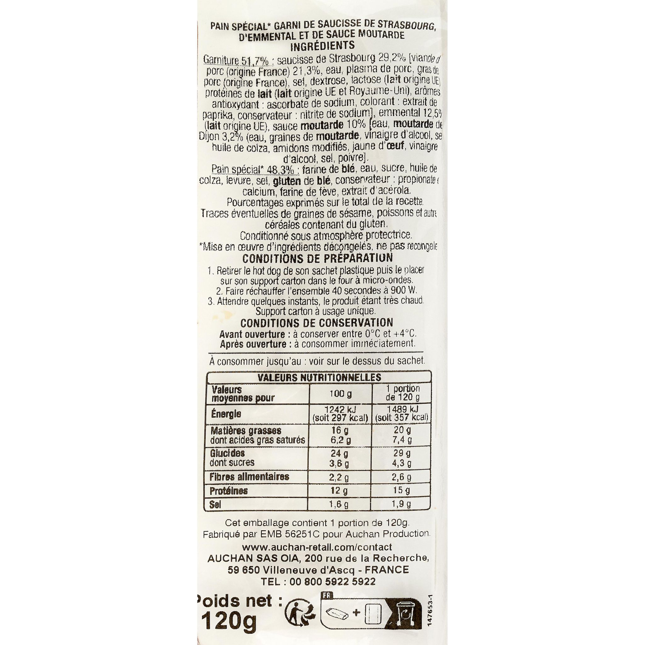 Voir la diapositive 3 : AUCHAN Hot Dog emmental sauce moutarde 1 pièce 120g