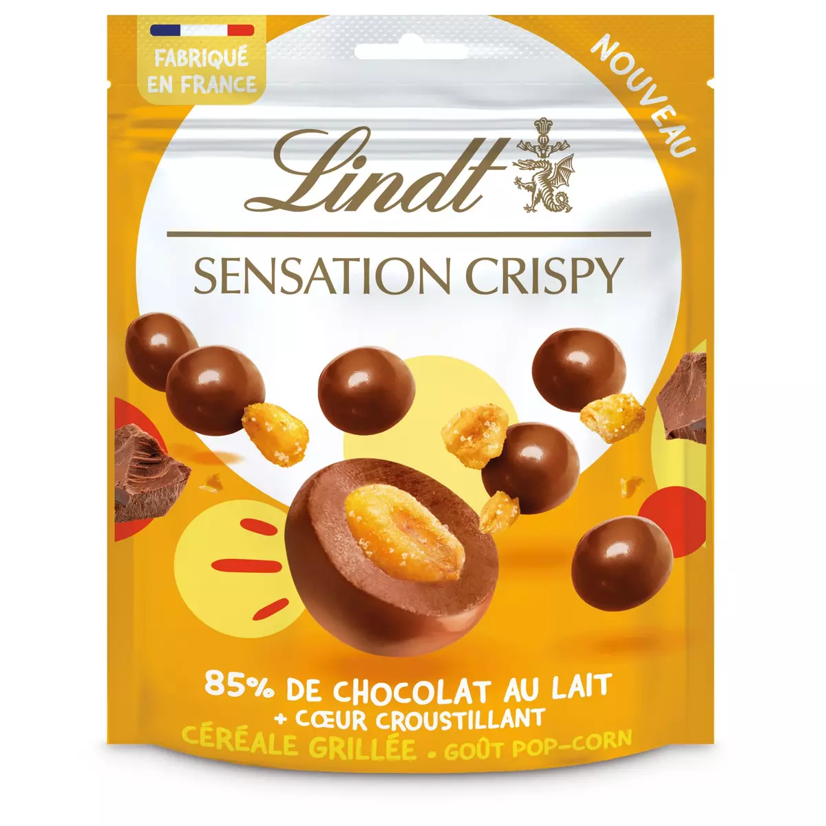 LINDT Sensation crispy billes de chocolat au lait + céréale grillée goût pop corn 140g