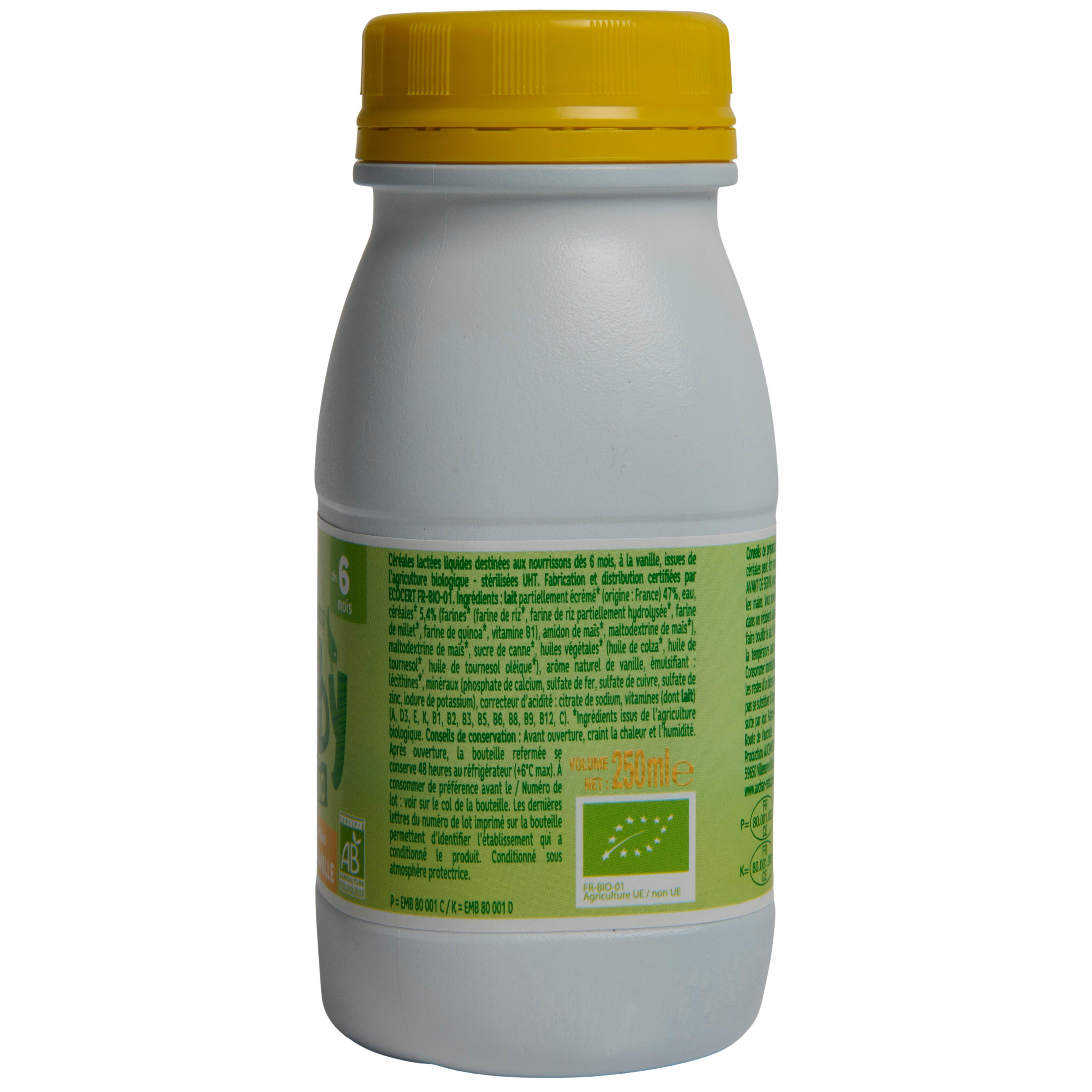 Voir la diapositive 2 : AUCHAN BABY BIO Lait et céréales saveur vanille dès 6 mois bio 25cl