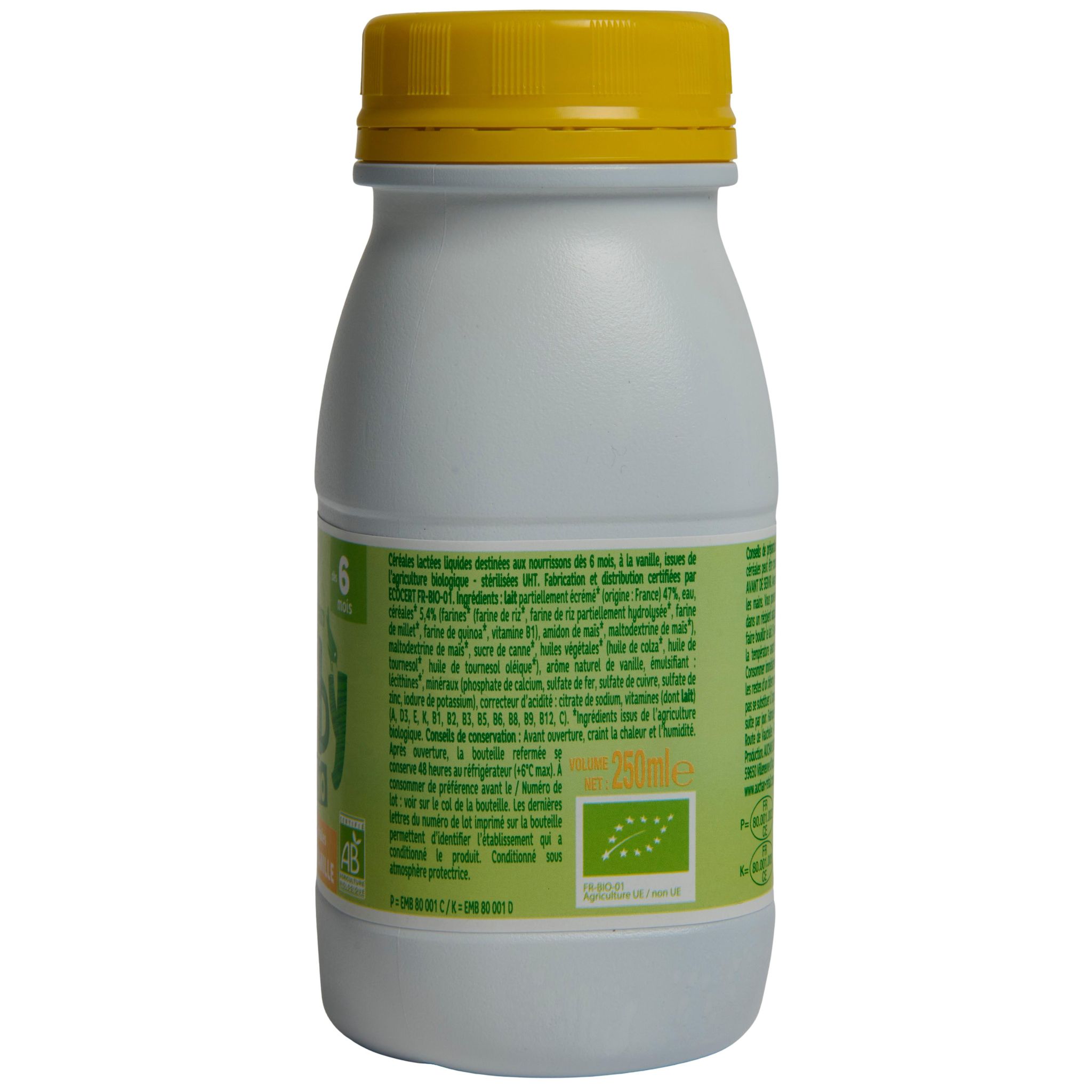 Voir la diapositive 3 : AUCHAN BABY BIO Lait et céréales saveur vanille dès 6 mois bio 25cl