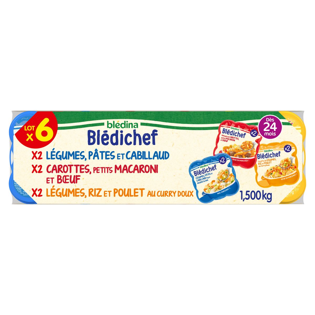 BLEDICHEF Assiettes repas légumes pâtes et cabillaud carottes macaroni et bœuf légumes riz et poulet 6x250g