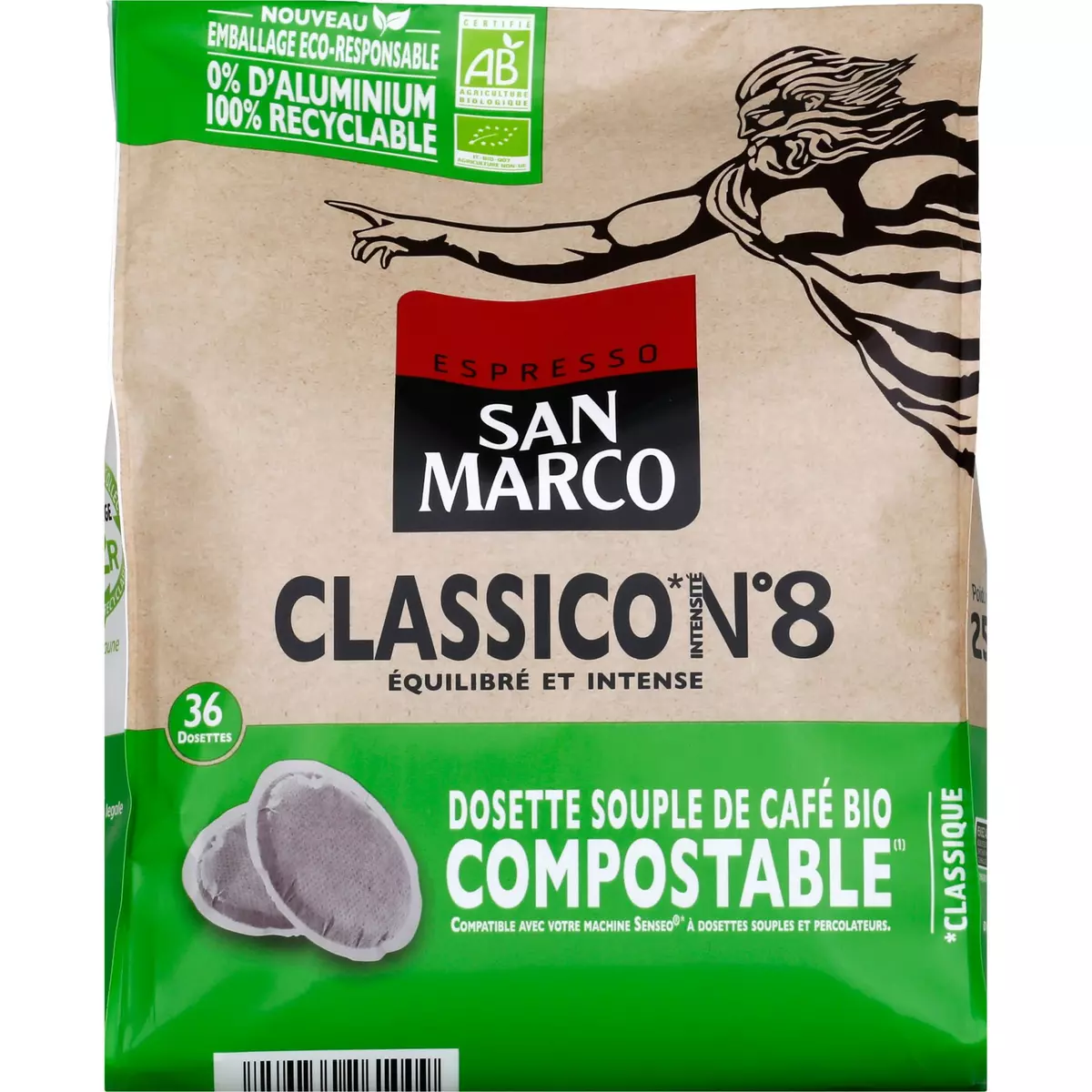 SAN MARCO Dosettes souples de café classique bio compostables 36 dosettes 250g