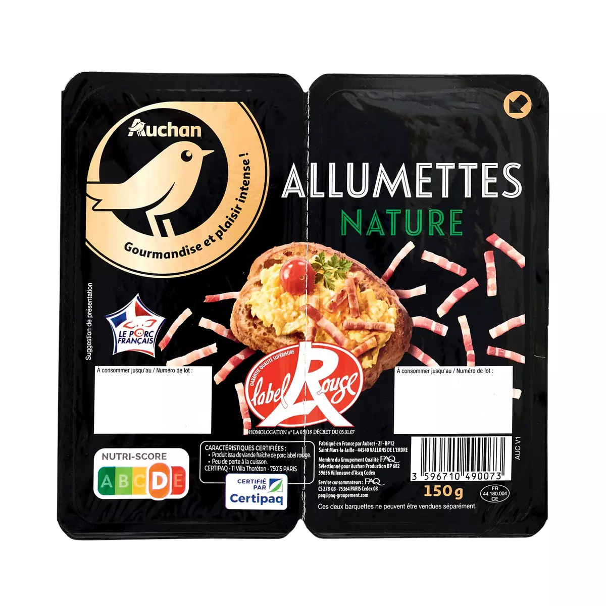 AUCHAN GOURMET Allumettes de lardons nature label Rouge 2x75g