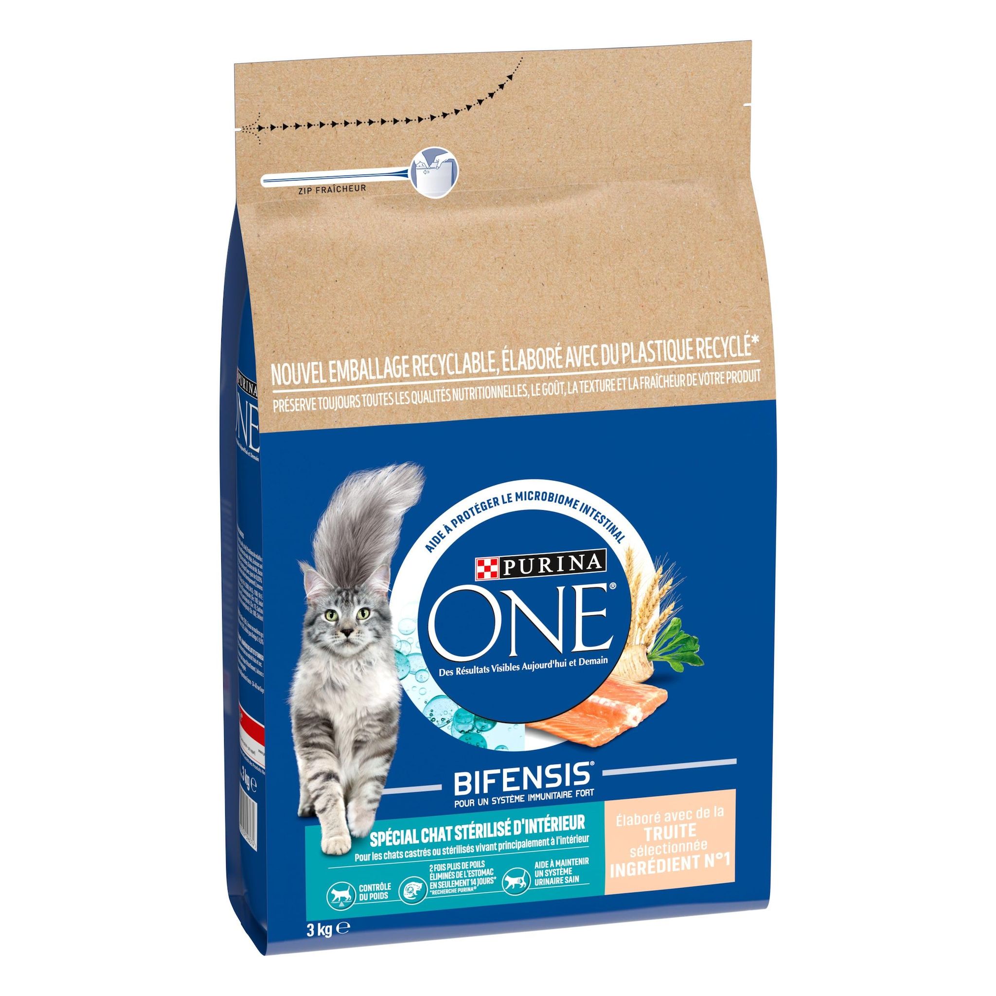 Voir la diapositive 2 : PURINA ONE Bifensis Croquettes à la truite pour chat stérilisé d'intérieur 3kg