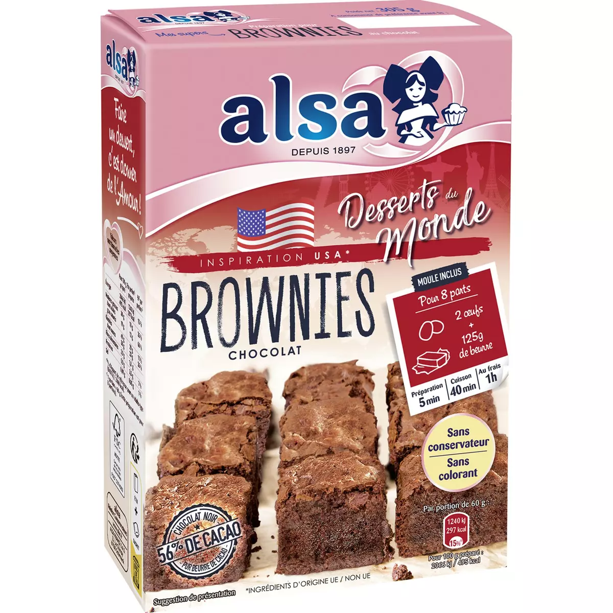 ALSA Préparation pour brownies au chocolat 8 parts 305g