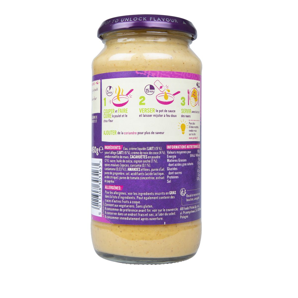 PATAK&apos;S Sauce curry indienne coco cacahu&#xE8;tes et cardamome 4 parts 450g