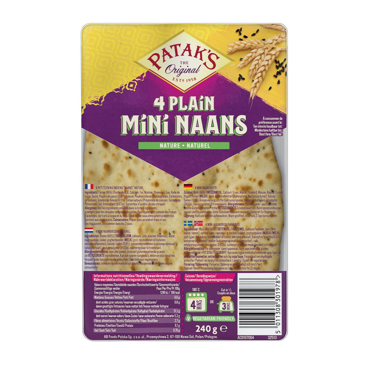 PATAK'S Mini pain naans nature 4 pièces 240g