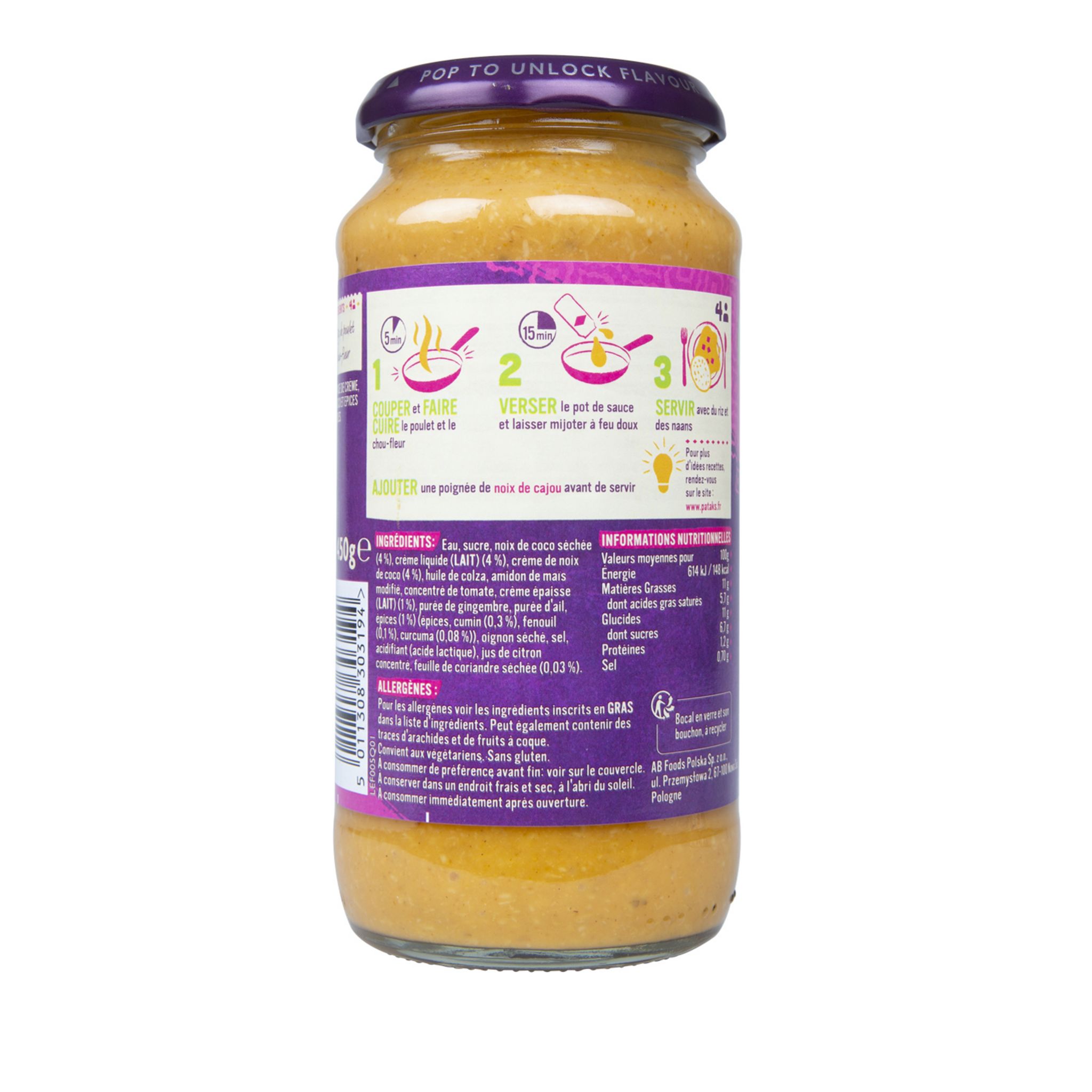 Voir la diapositive 2 : PATAK'S Sauce korma 450g