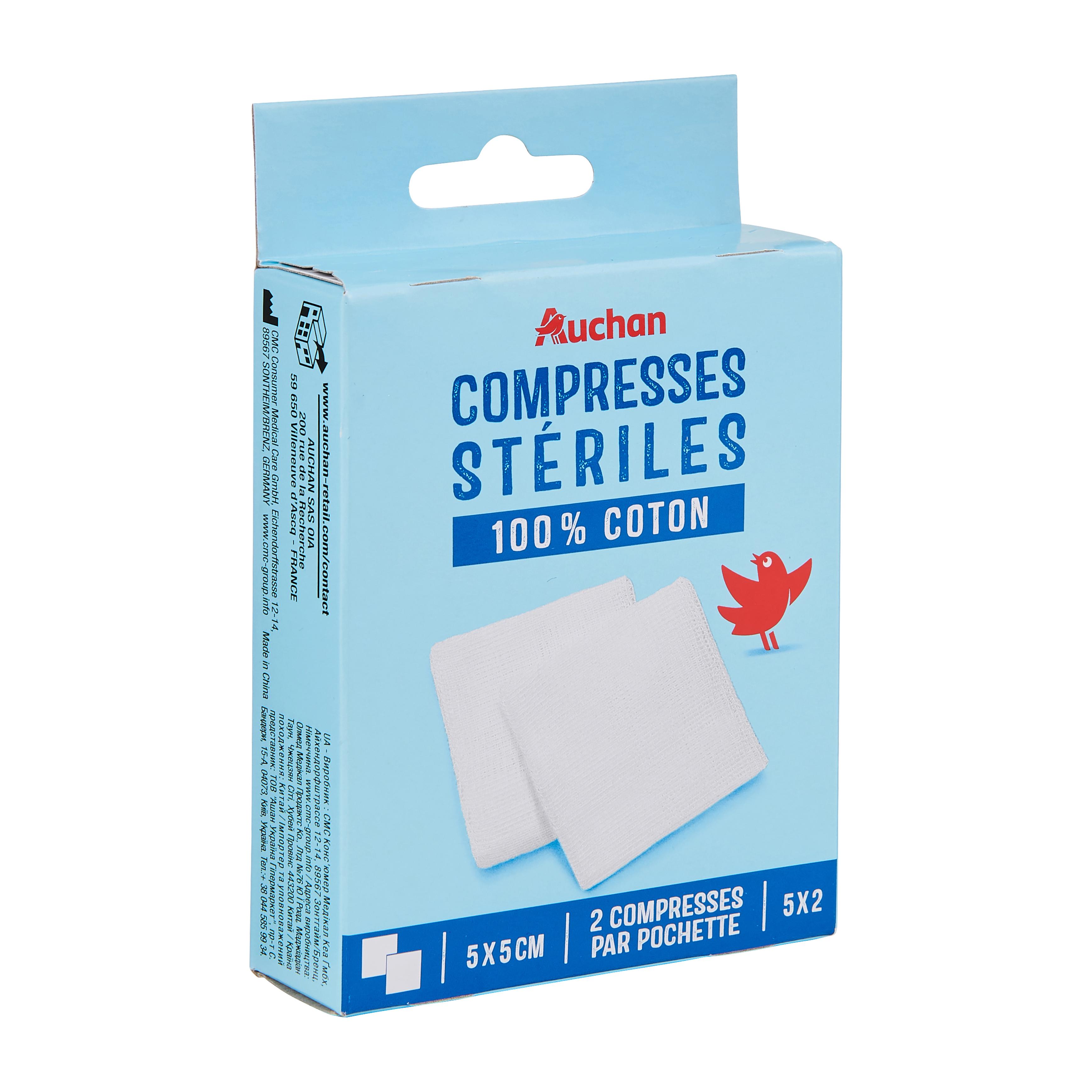 Voir la diapositive 2 : AUCHAN Compresses stériles 10x2 compresses 10 pochettes