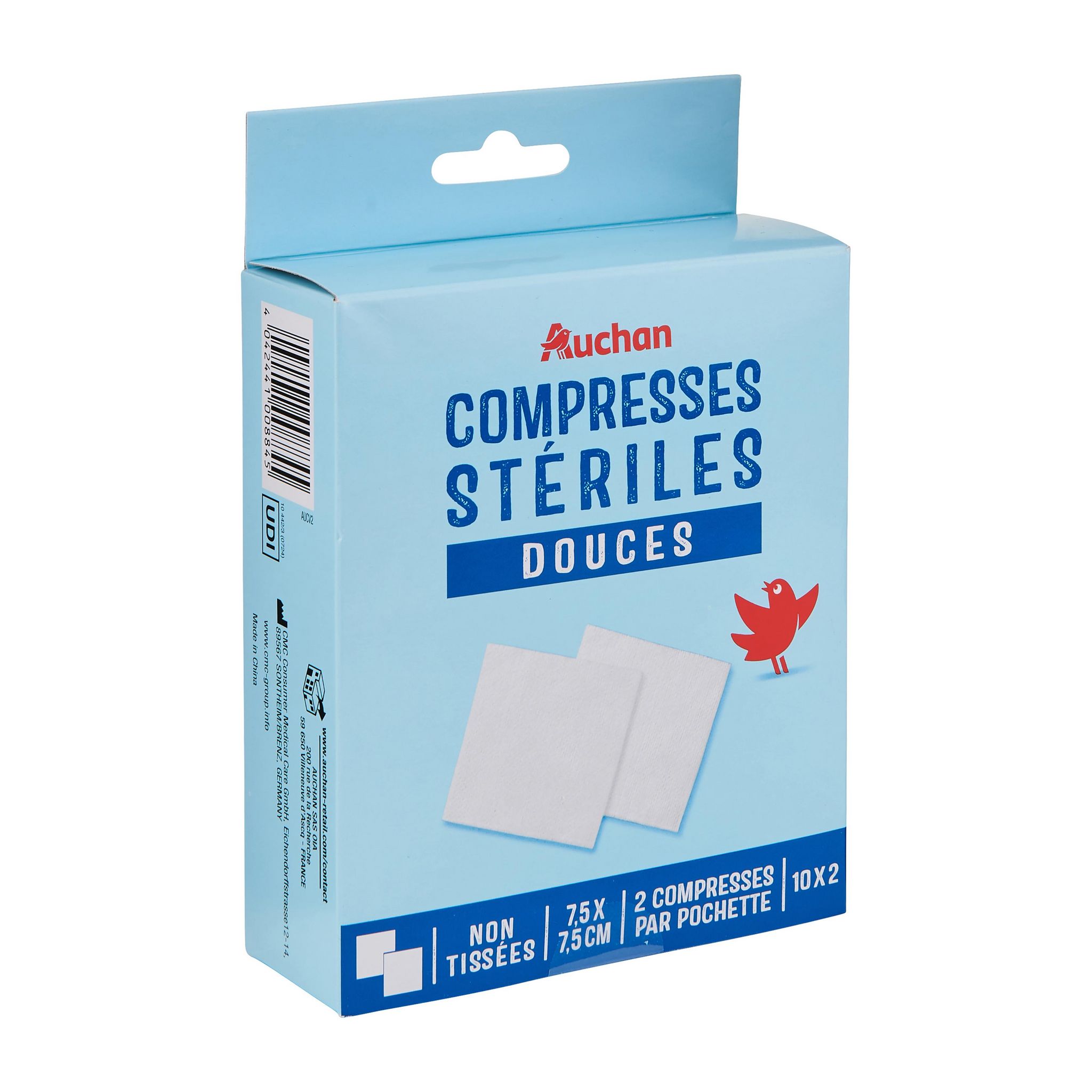 Voir la diapositive 2 : AUCHAN Compresses stériles douces 7.5cmx7.5cm 10 pochettes