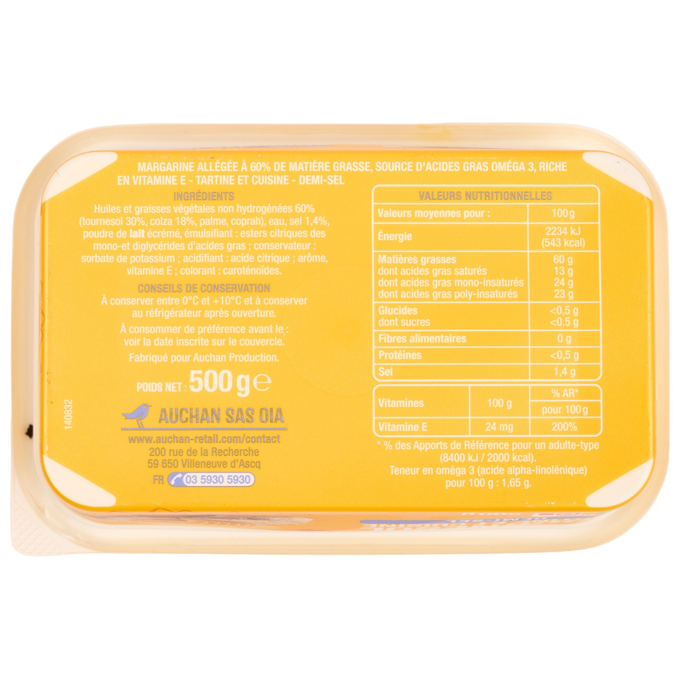 Voir la diapositive 2 : AUCHAN Margarine demi-sel pour tartine et cuisson 500g