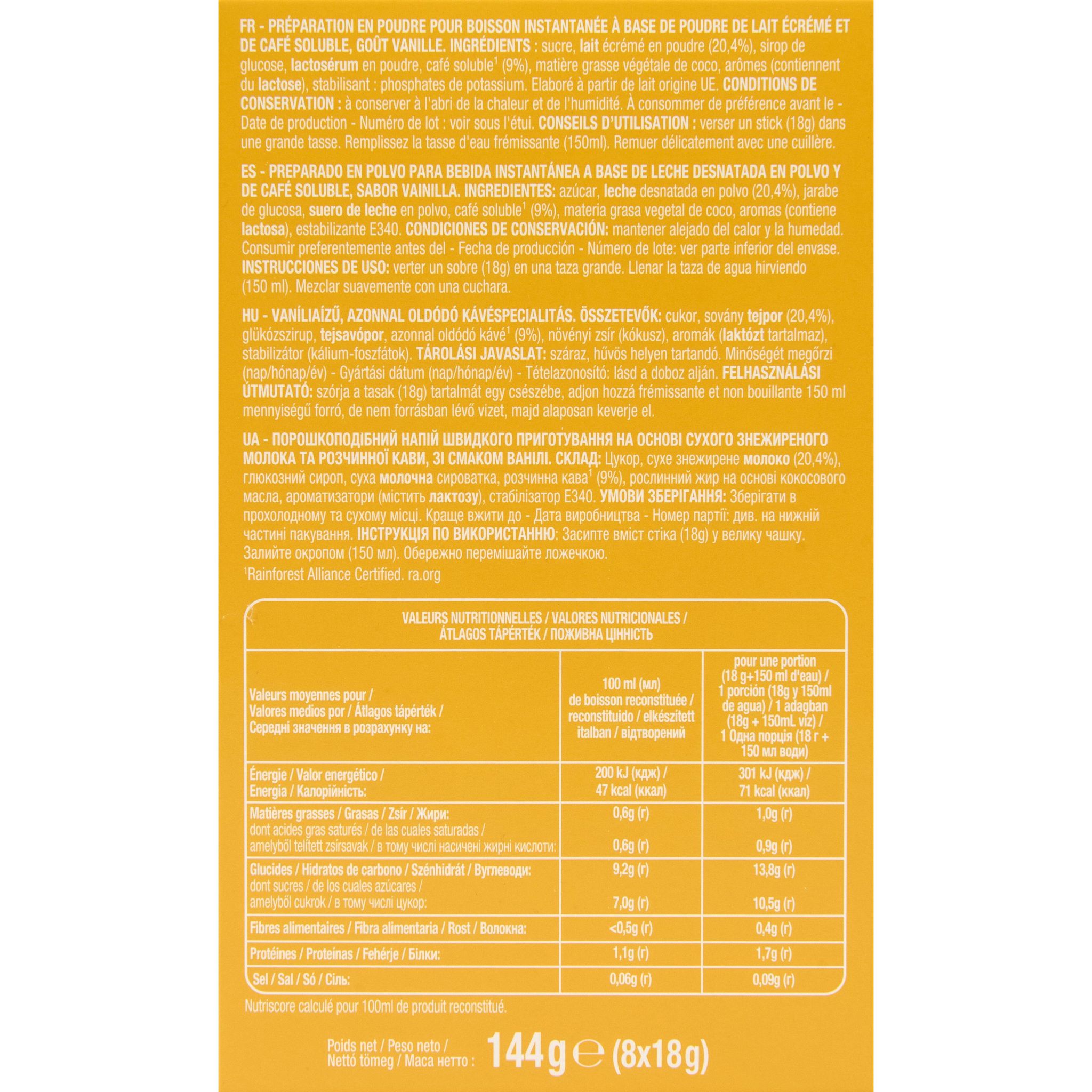 Voir la diapositive 2 : AUCHAN Café soluble Cappuccino saveur vanille sticks 8 sticks 144g