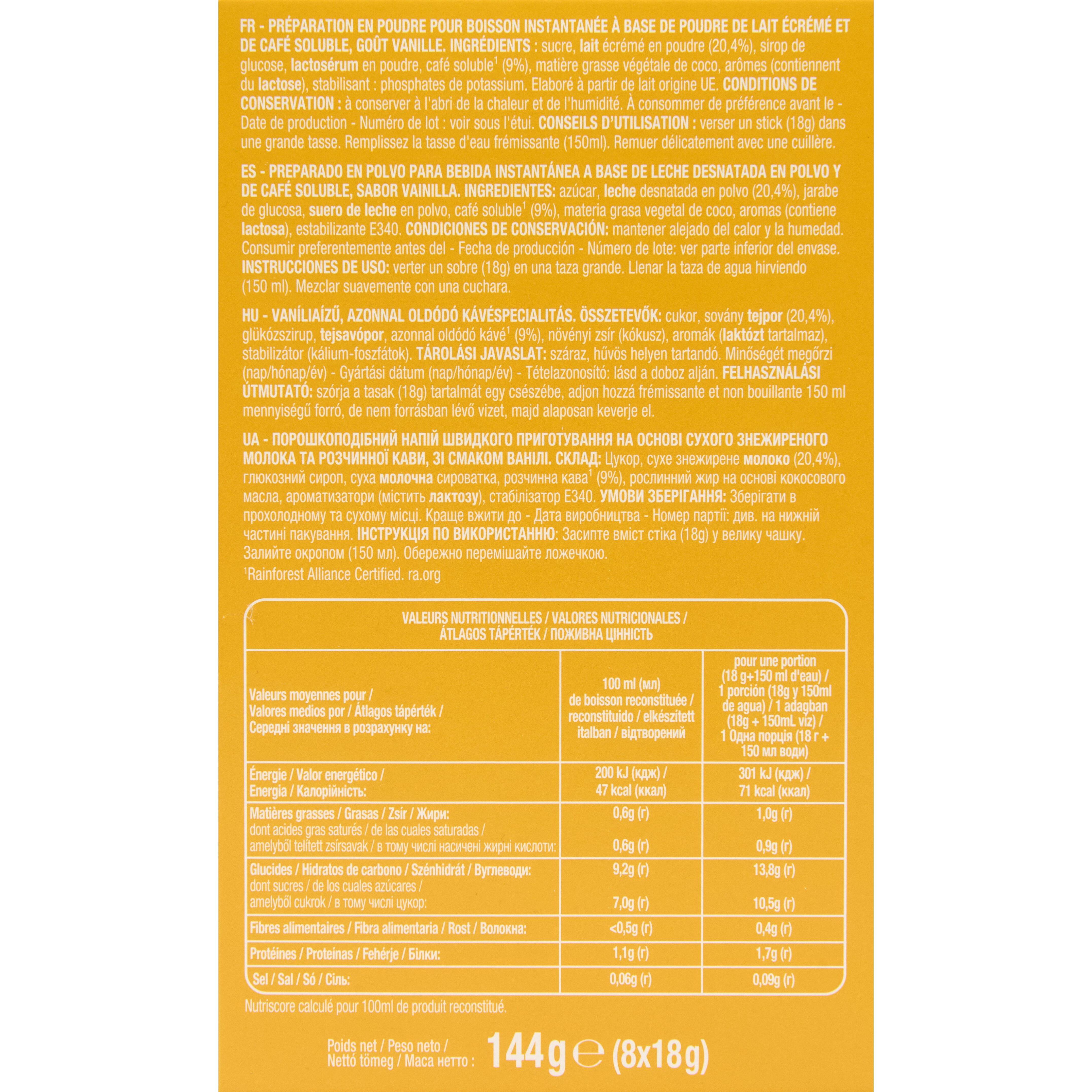 Voir la diapositive 3 : AUCHAN Café soluble Cappuccino saveur vanille sticks 8 sticks 144g