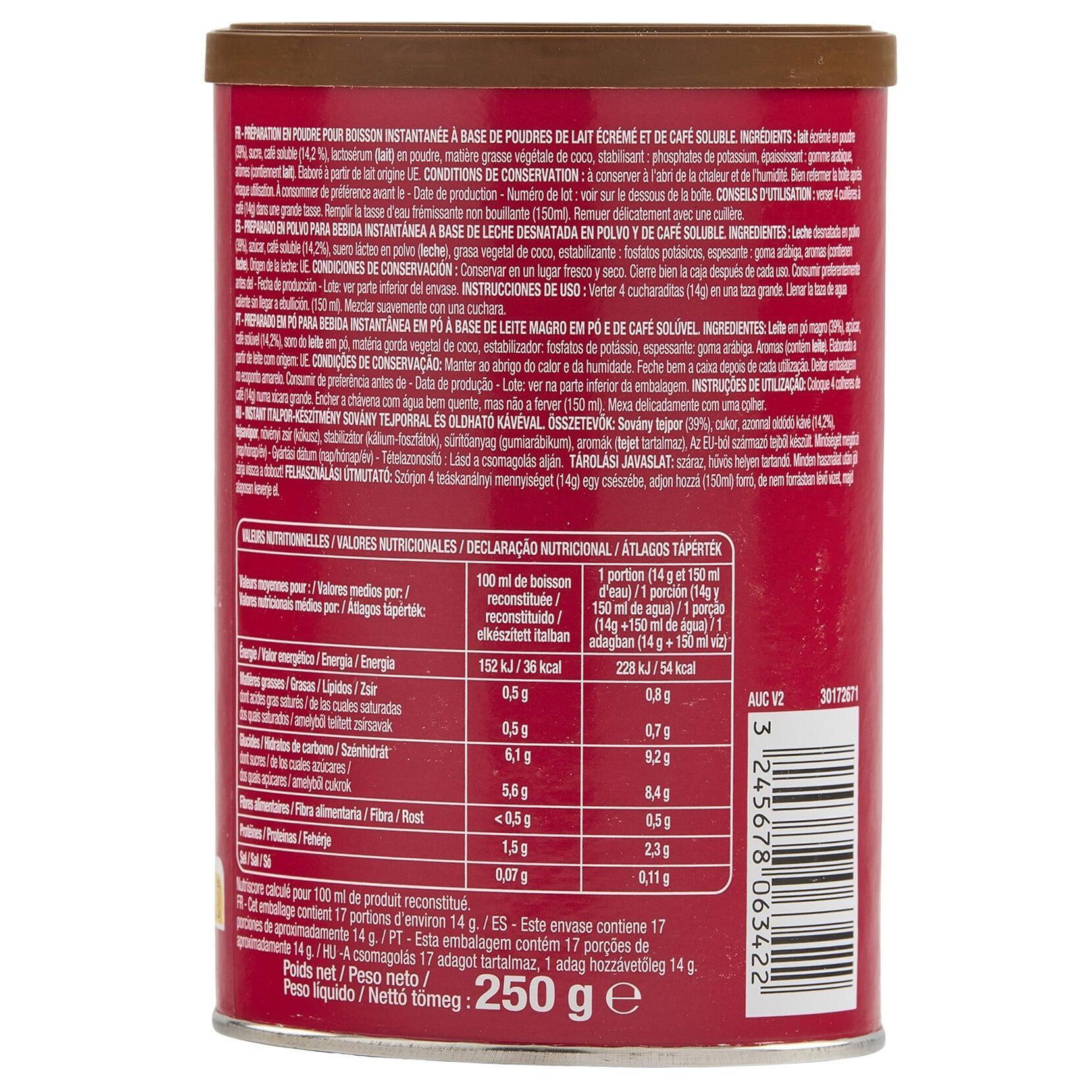 Voir la diapositive 2 : AUCHAN Café soluble cappuccino classique 17 tasses 250g