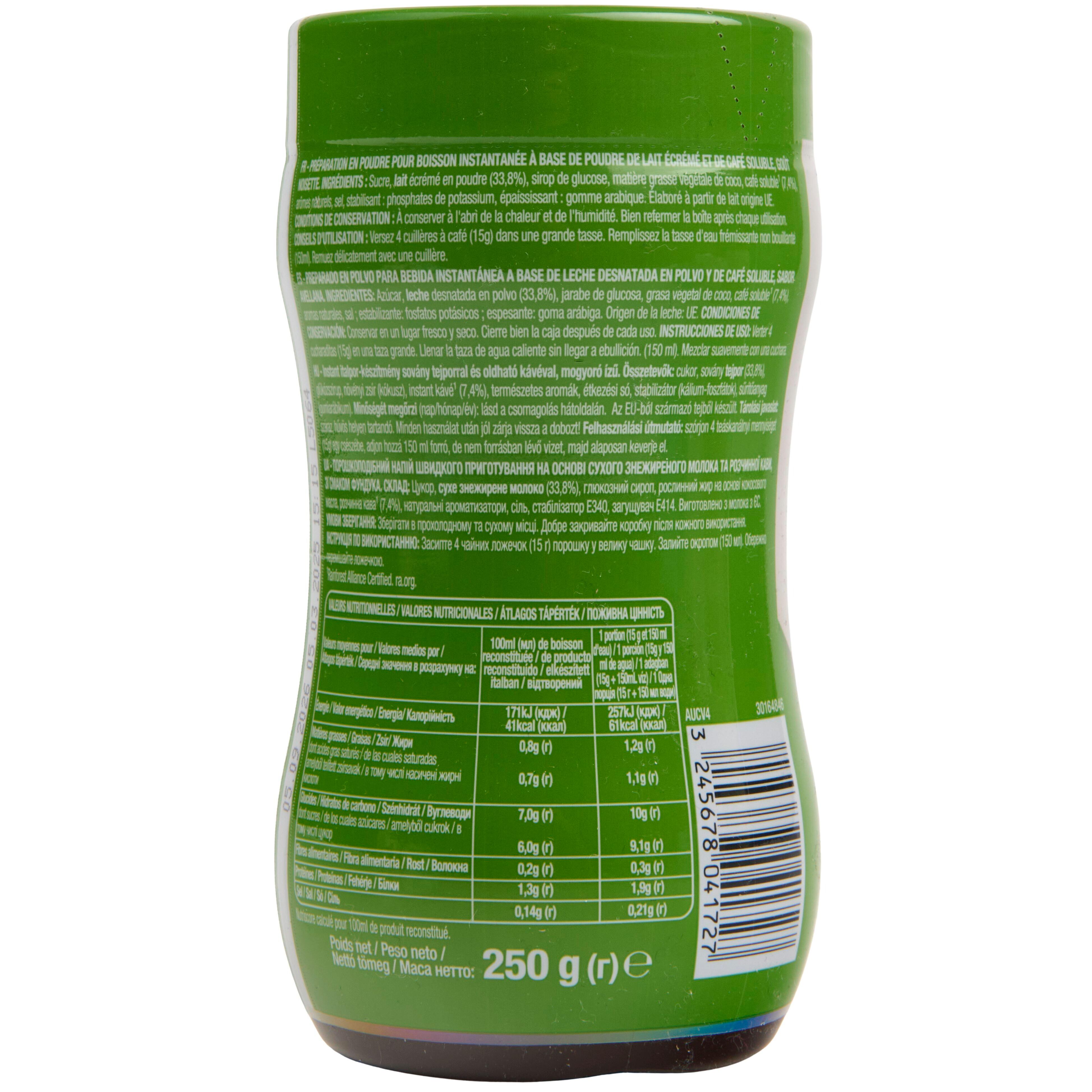 Voir la diapositive 4 : AUCHAN Café soluble Cappuccino saveur noisette 16 tasses 250g