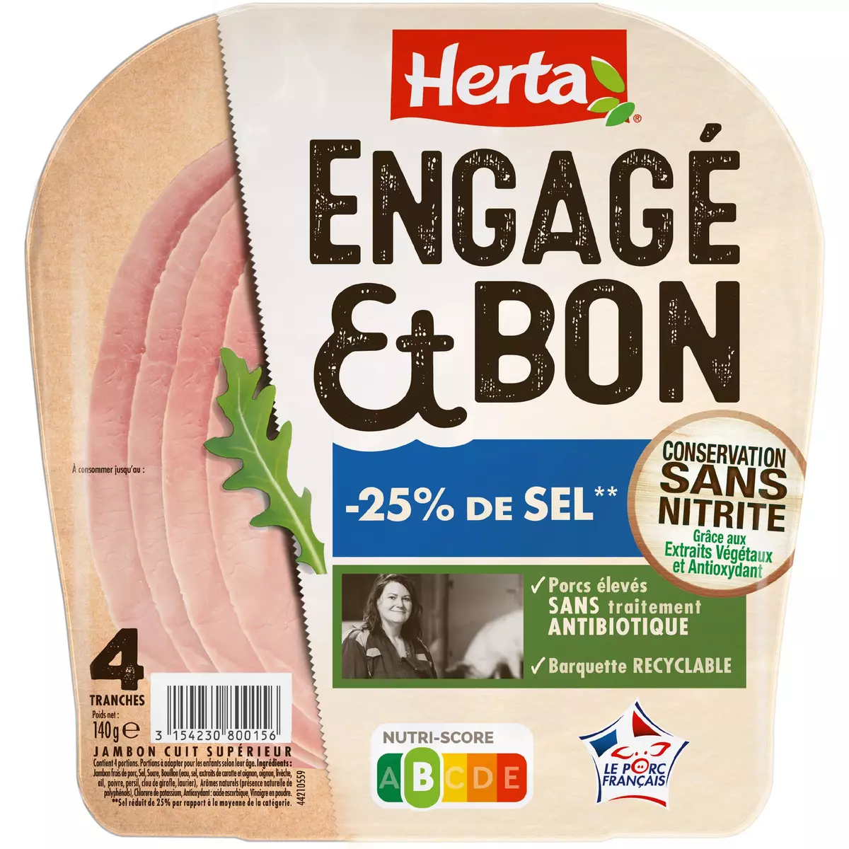 HERTA Engagé et Bon jambon supérieur à l'étouffée réduit en sel sans nitrite 4 tranches 140g
