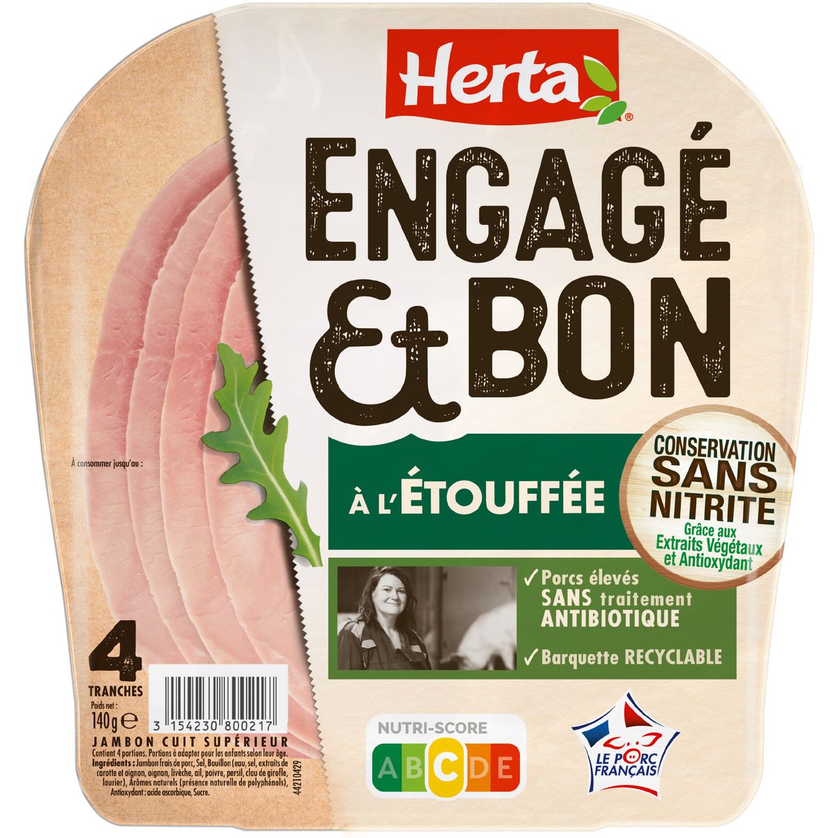 HERTA Engagé et Bon jambon supérieur à l'étouffée sans nitrite 4 tranches 140g