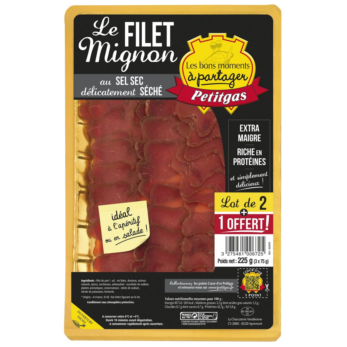 PETITGAS Le filet mignon délicatement séché au sel sec 2+1 offert 3x75g