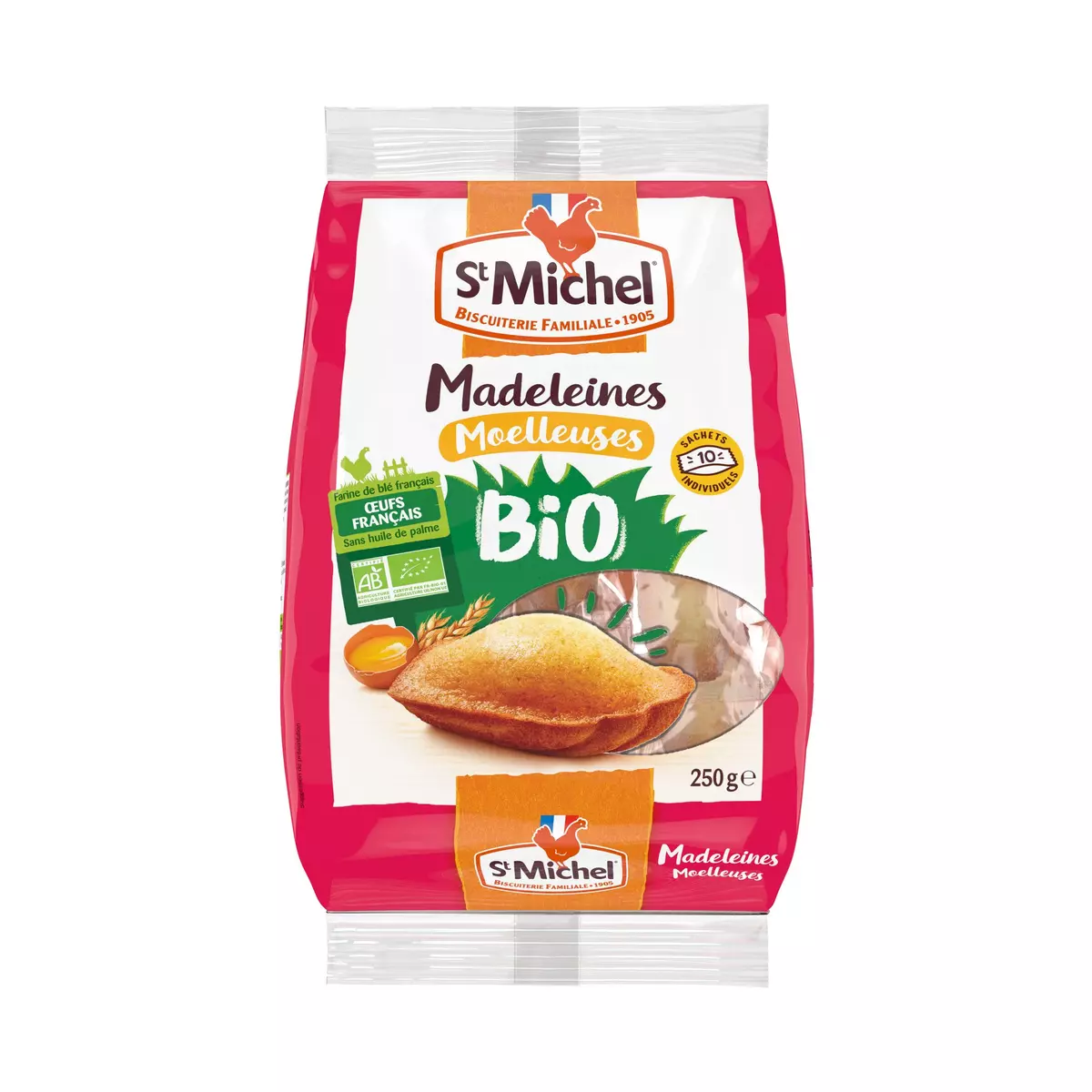 ST MICHEL Madeleines moelleuses bio sans huile de palme sachets individuels 10 madeleines 250g