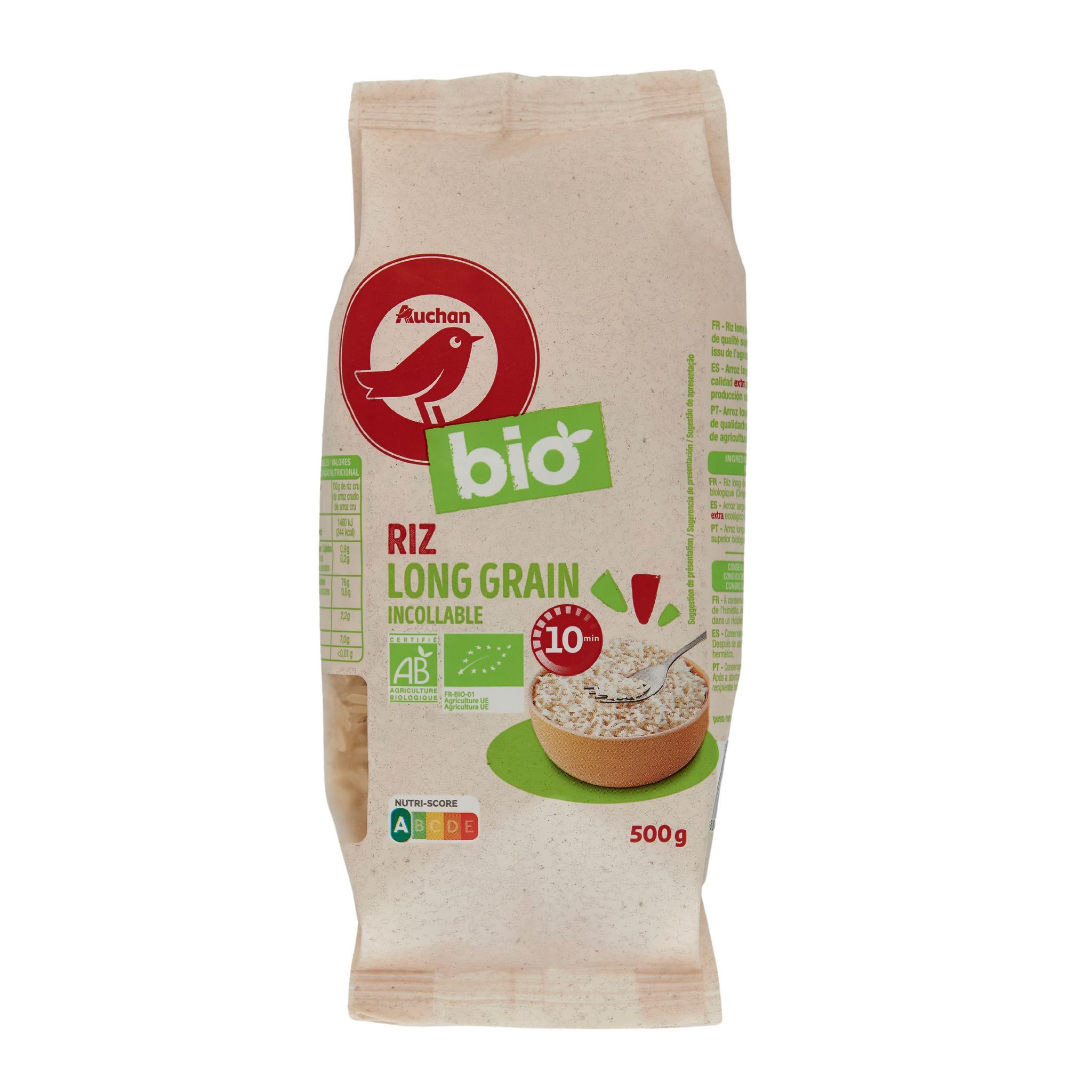 AUCHAN BIO Riz long grain incollable 500g