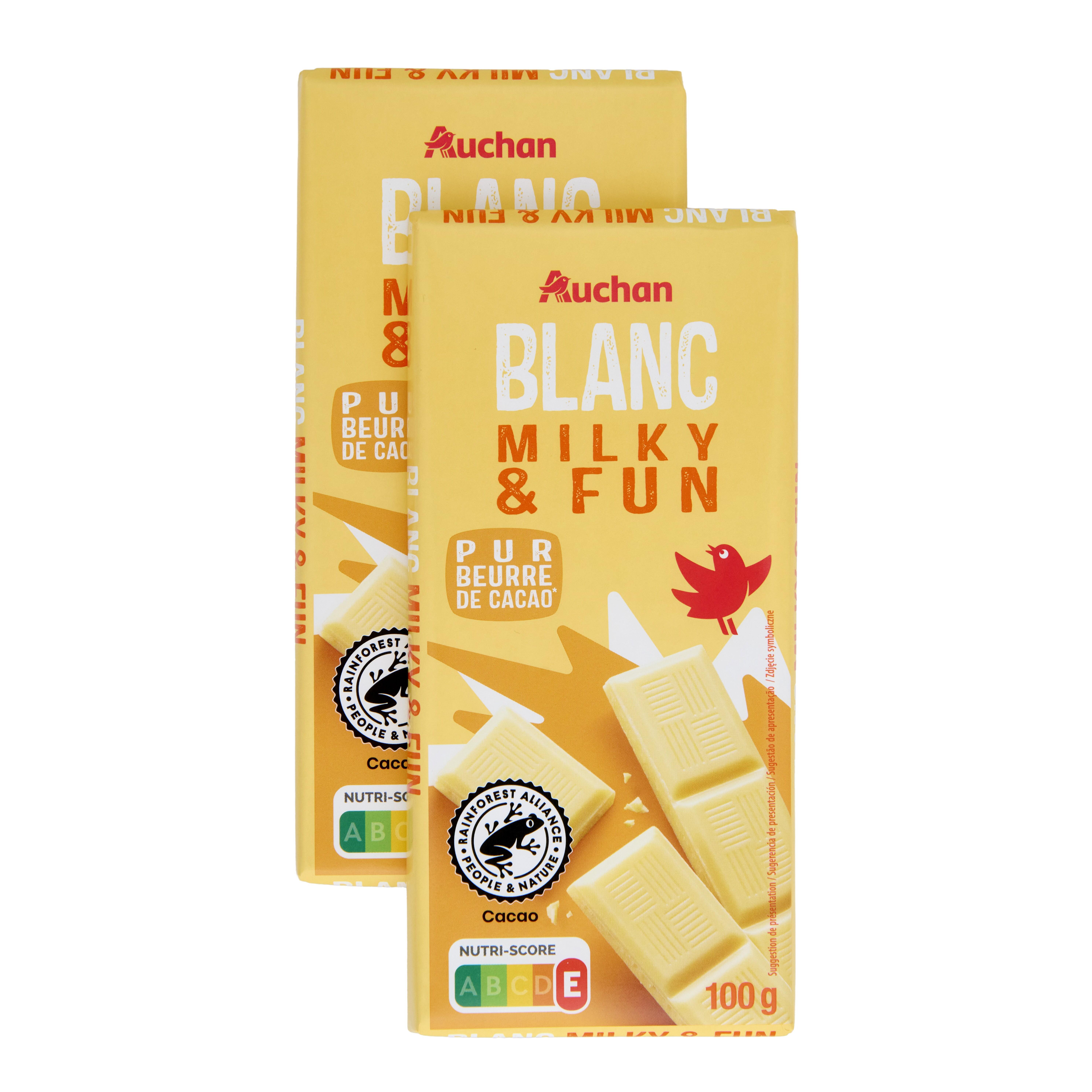 Voir la diapositive 2 : AUCHAN Milky & Fun Tablette de chocolat blanc 2 pièces 2x100g