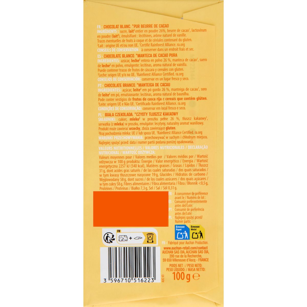 AUCHAN Milky & Fun Tablette de chocolat blanc 2 pièces 2x100g