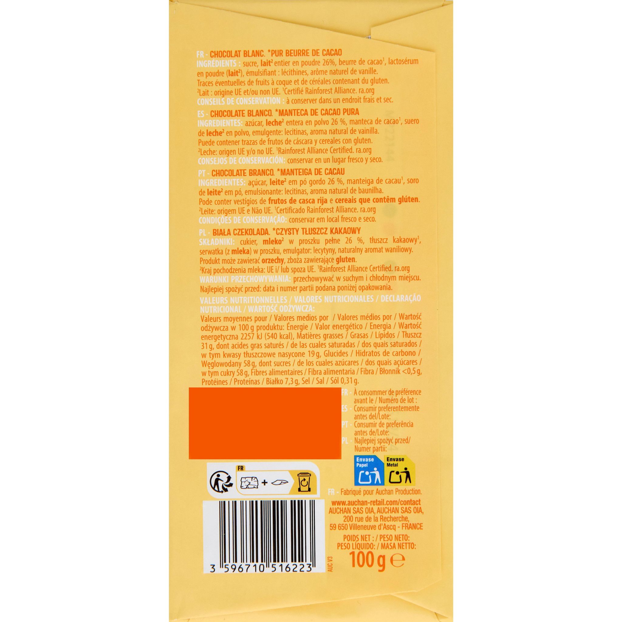 Voir la diapositive 2 : AUCHAN Milky & Fun Tablette de chocolat blanc 2 pièces 2x100g