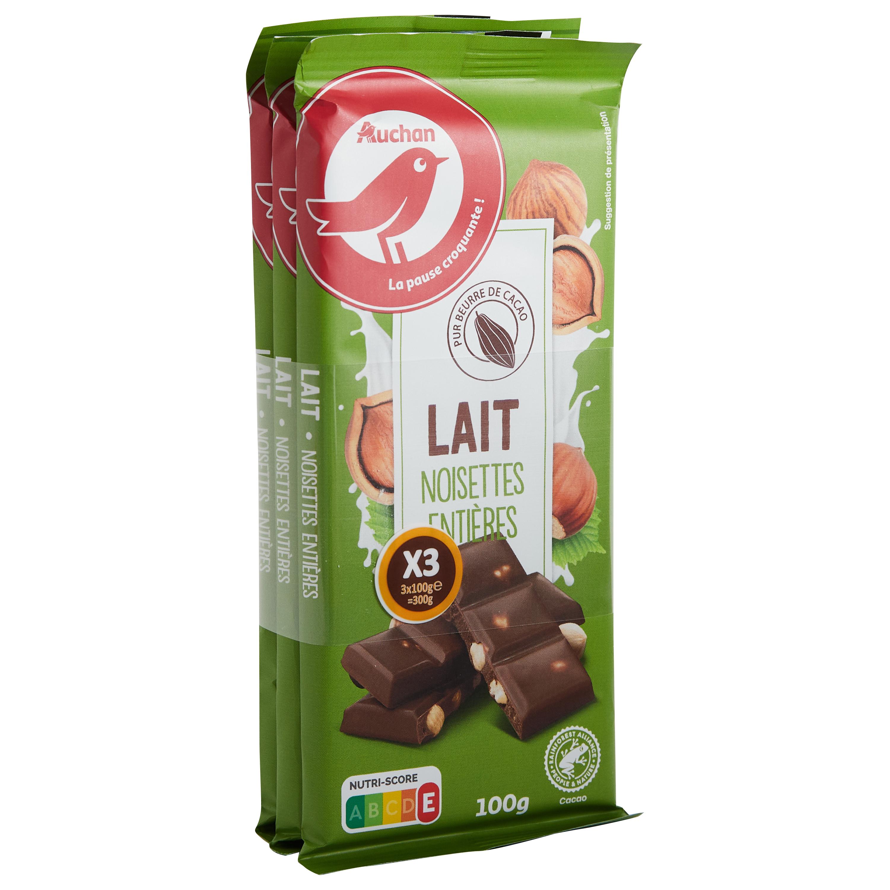 Voir la diapositive 3 : AUCHAN Tablette de chocolat au lait avec noisettes entières 3 pièces 3x100g