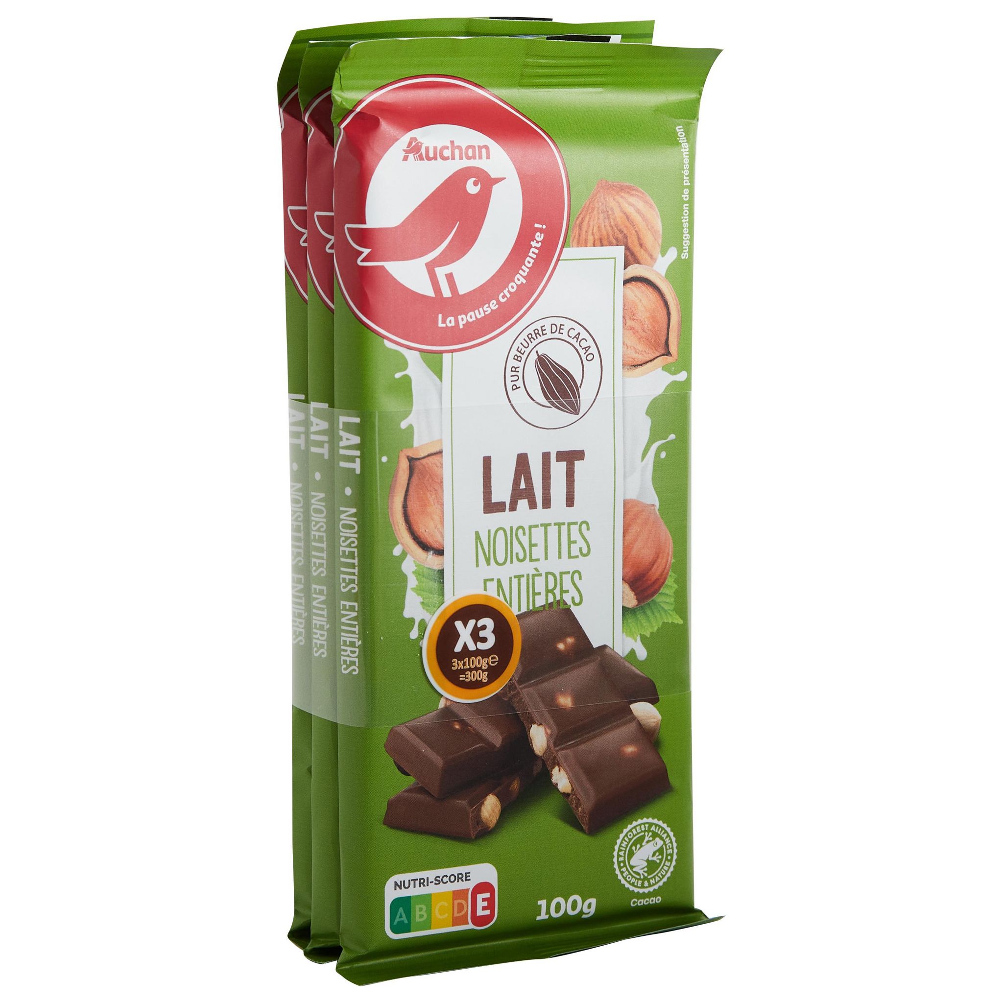 Voir la diapositive 3 : AUCHAN Tablette de chocolat au lait avec noisettes entières 3 pièces 3x100g