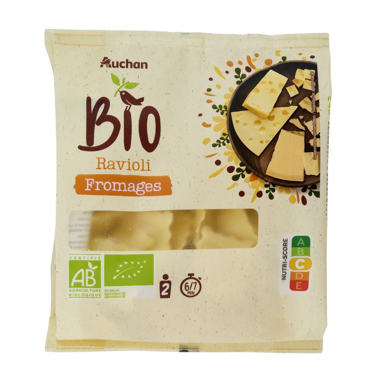 AUCHAN BIO Ravioli 3 fromages 2 parts 250g