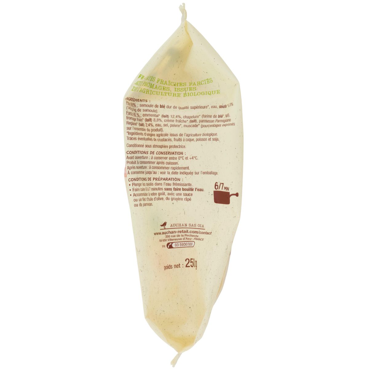 AUCHAN BIO Ravioli 3 fromages 2 parts 250g